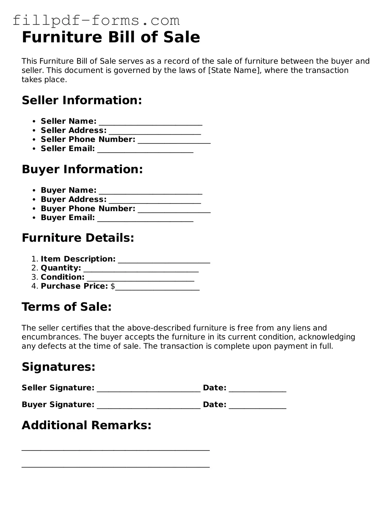 Fillable Furniture Bill of Sale Template