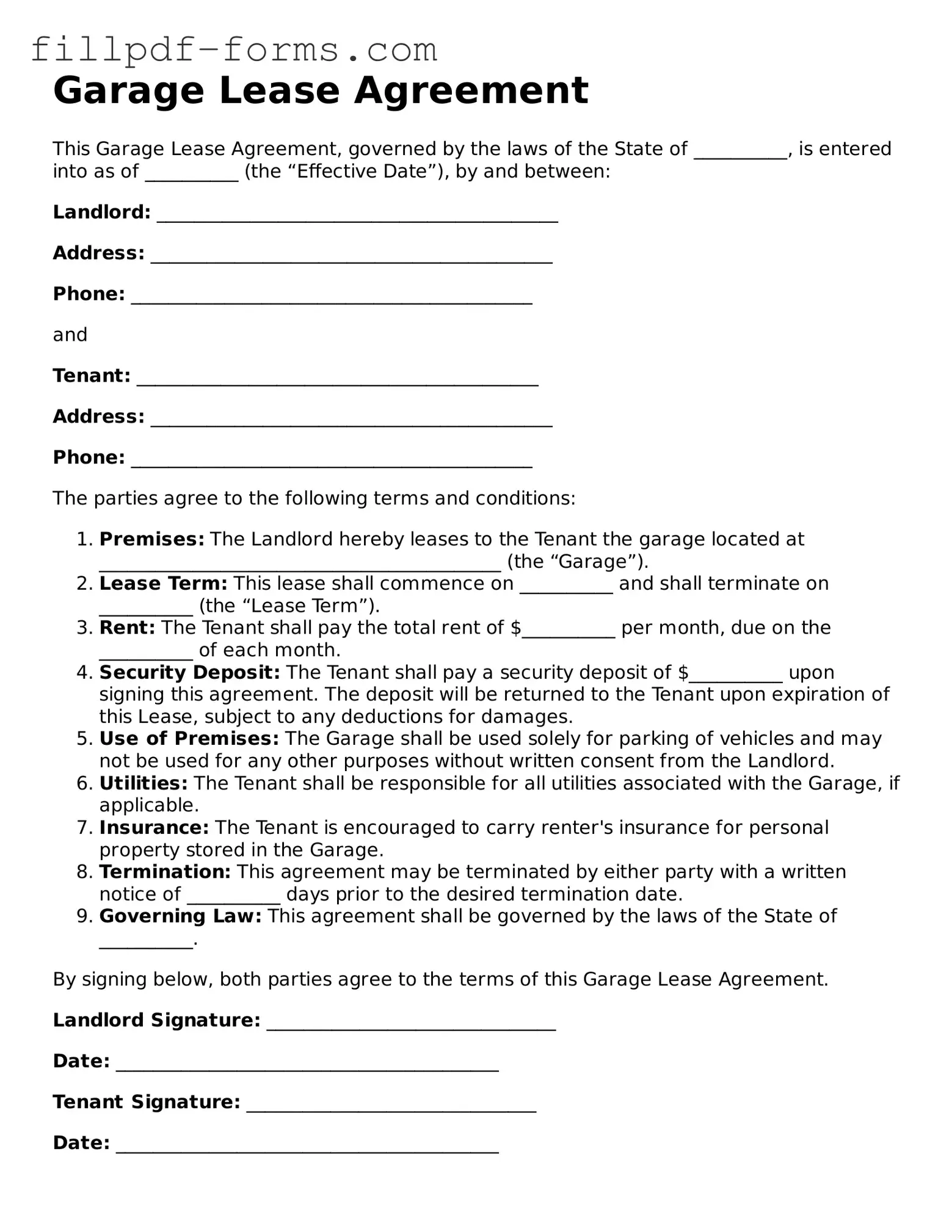 Fillable Garage Lease Agreement Template
