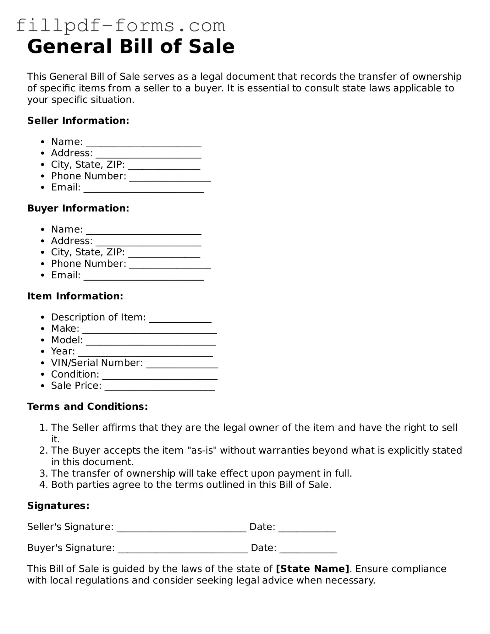 Fillable General Bill of Sale Template