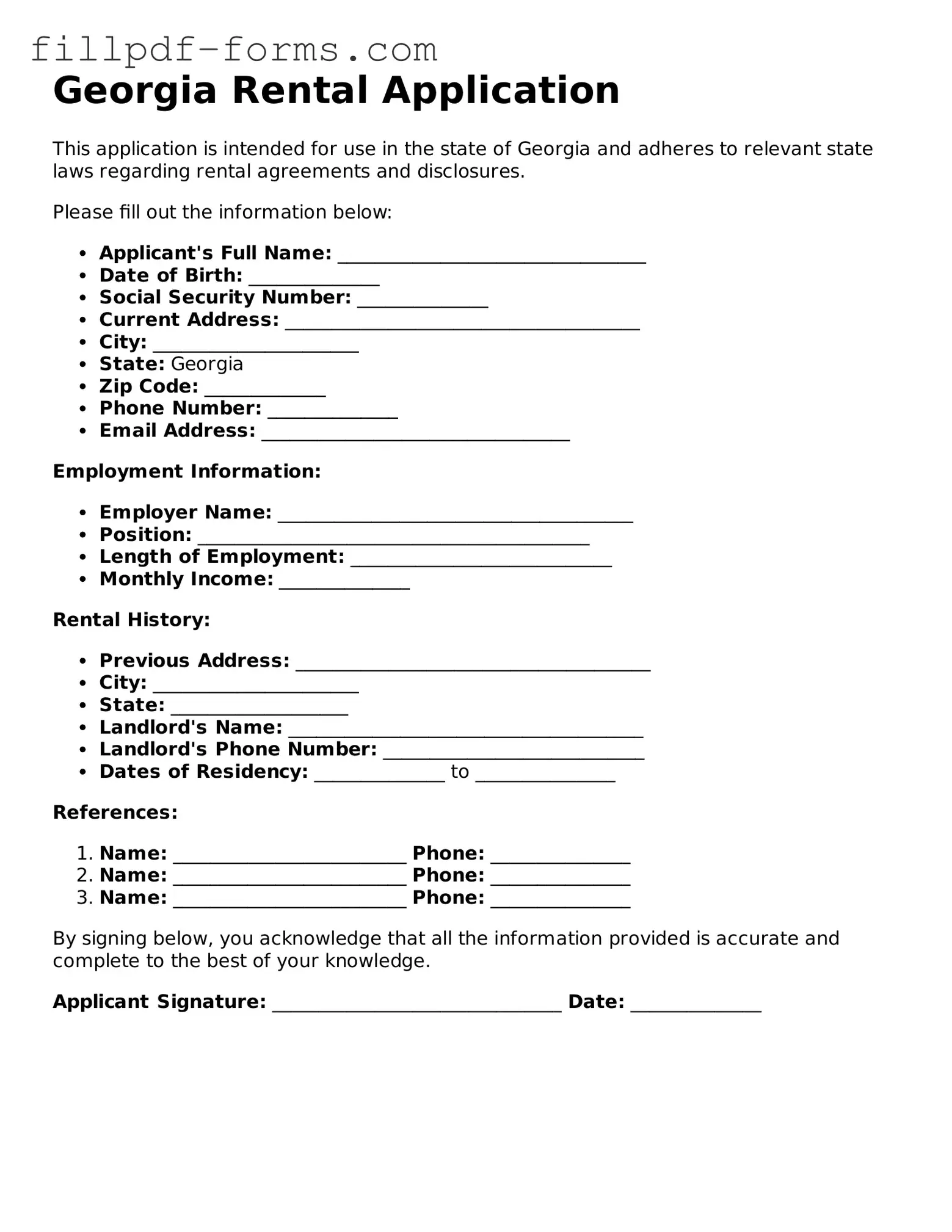 Fillable Rental Application Template for the State of Georgia