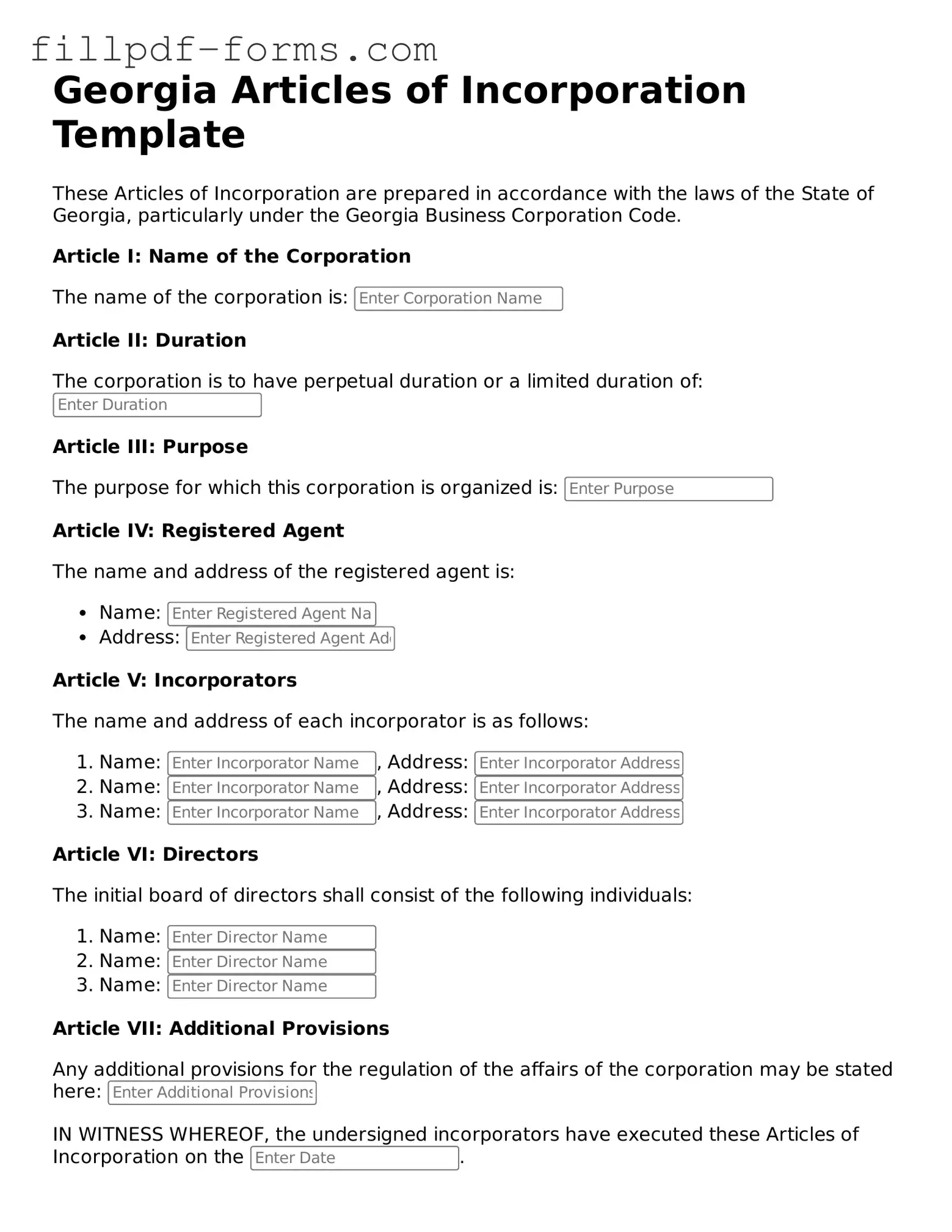 Fillable Articles of Incorporation Template for the State of Georgia
