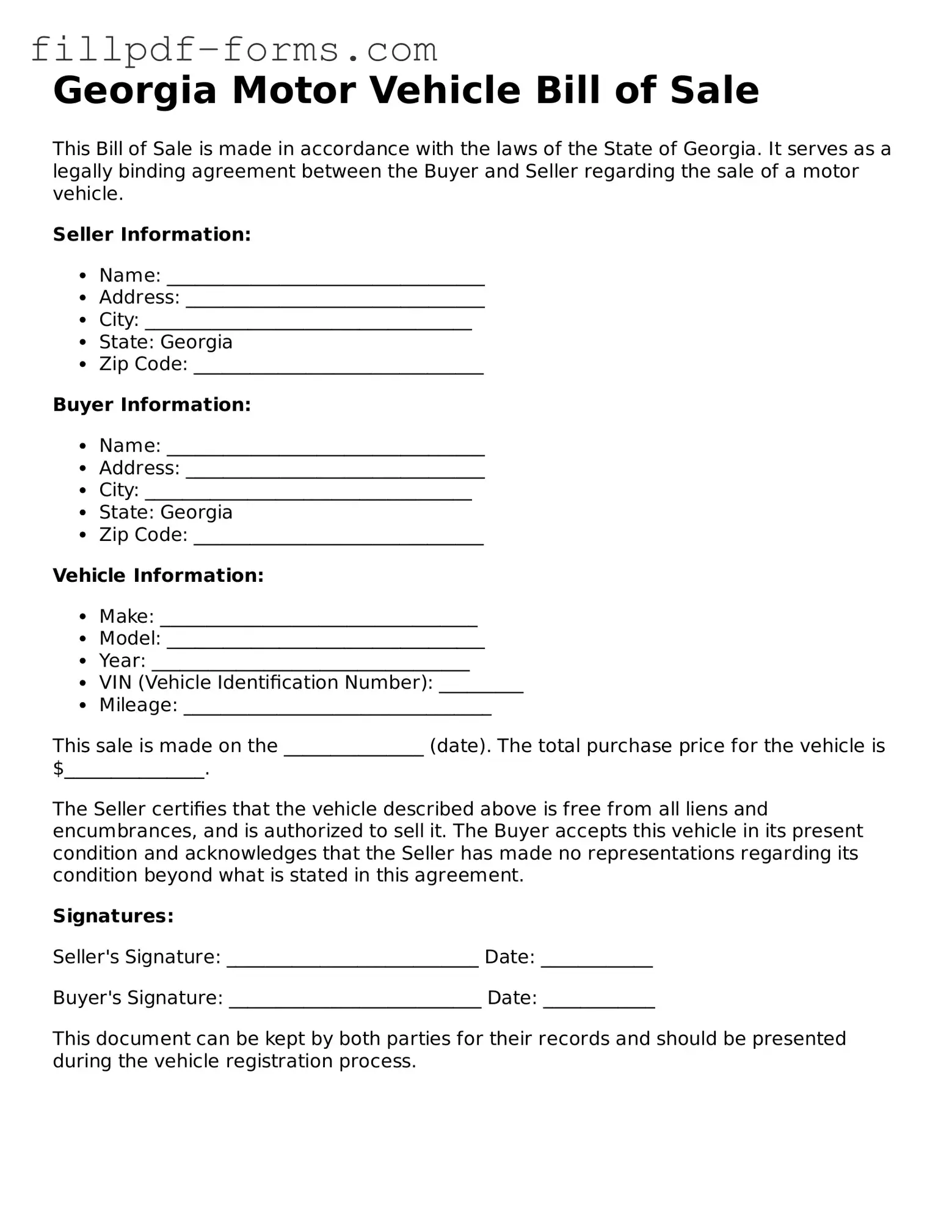 Fillable Motor Vehicle Bill of Sale Template for the State of Georgia