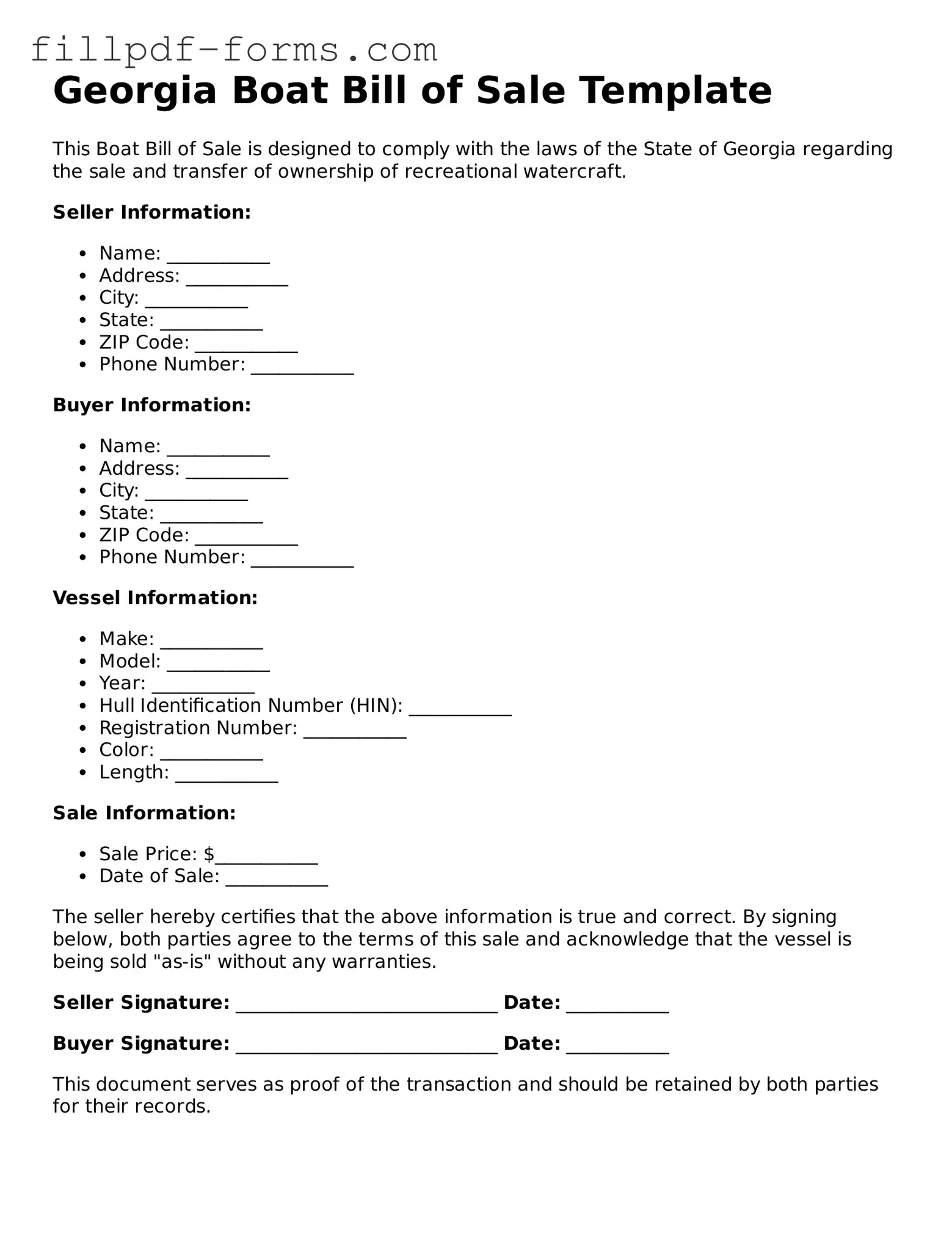 Fillable Boat Bill of Sale Template for the State of Georgia