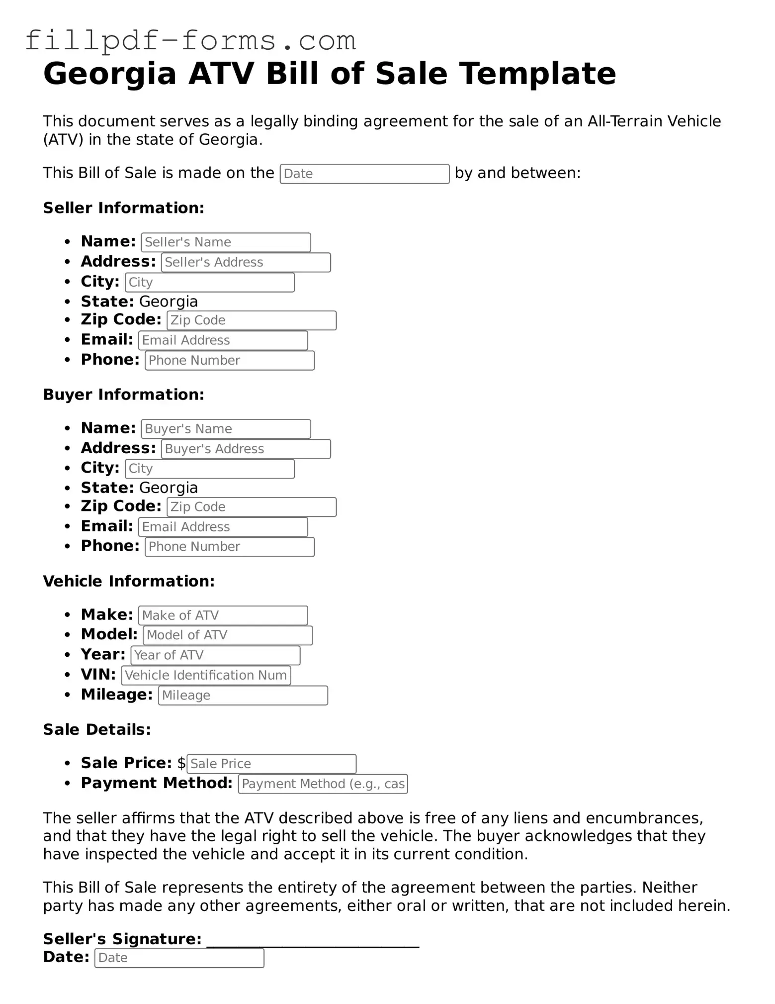Fillable ATV Bill of Sale Template for the State of Georgia