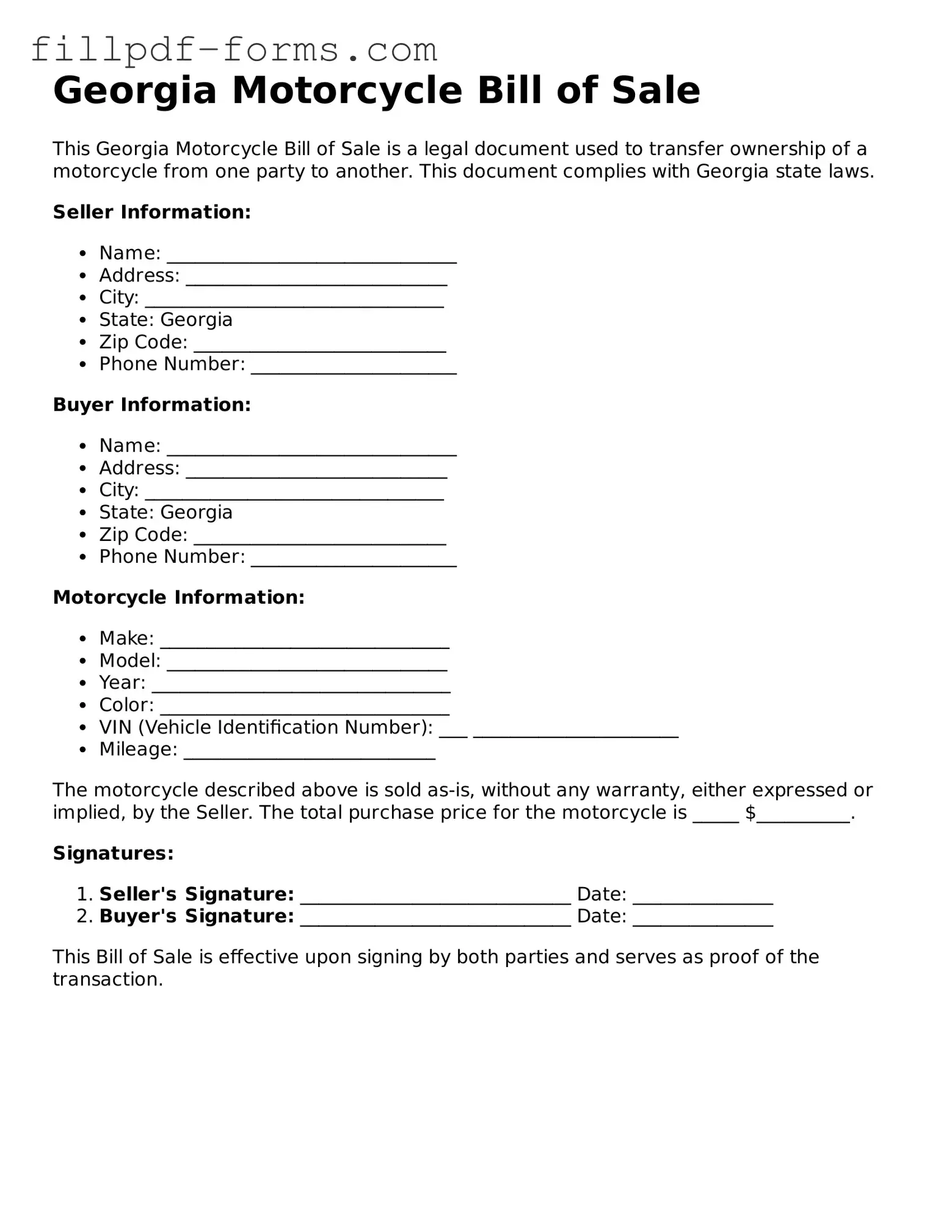 Fillable Motorcycle Bill of Sale Template for the State of Georgia