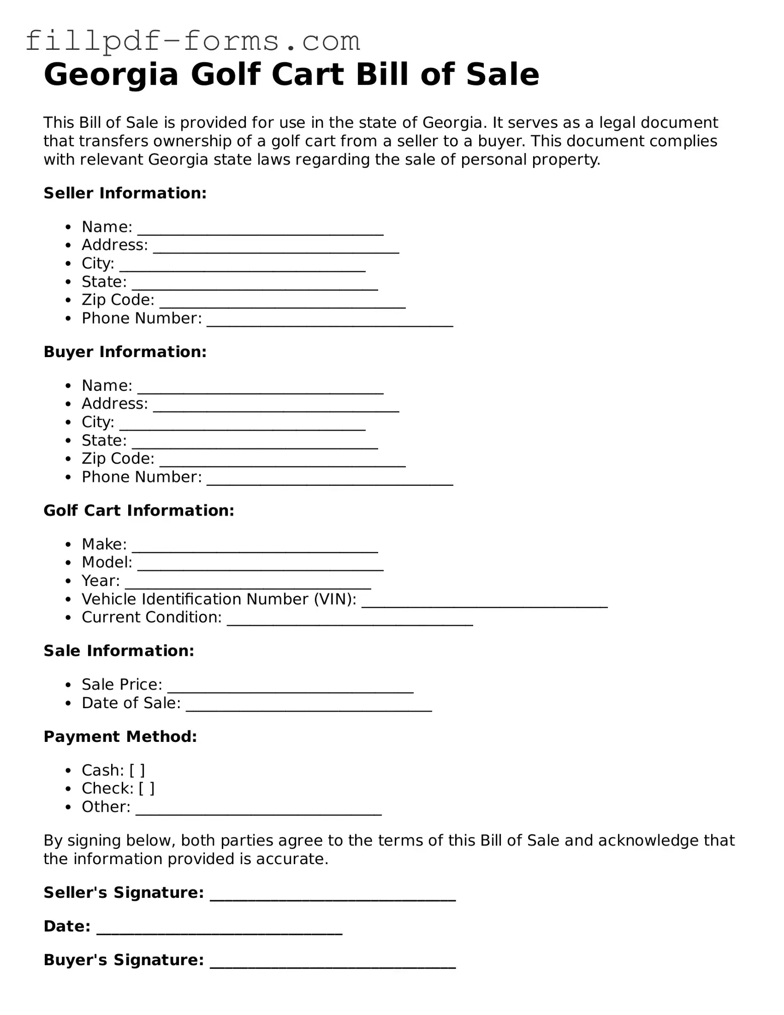 Fillable Golf Cart Bill of Sale Template for the State of Georgia
