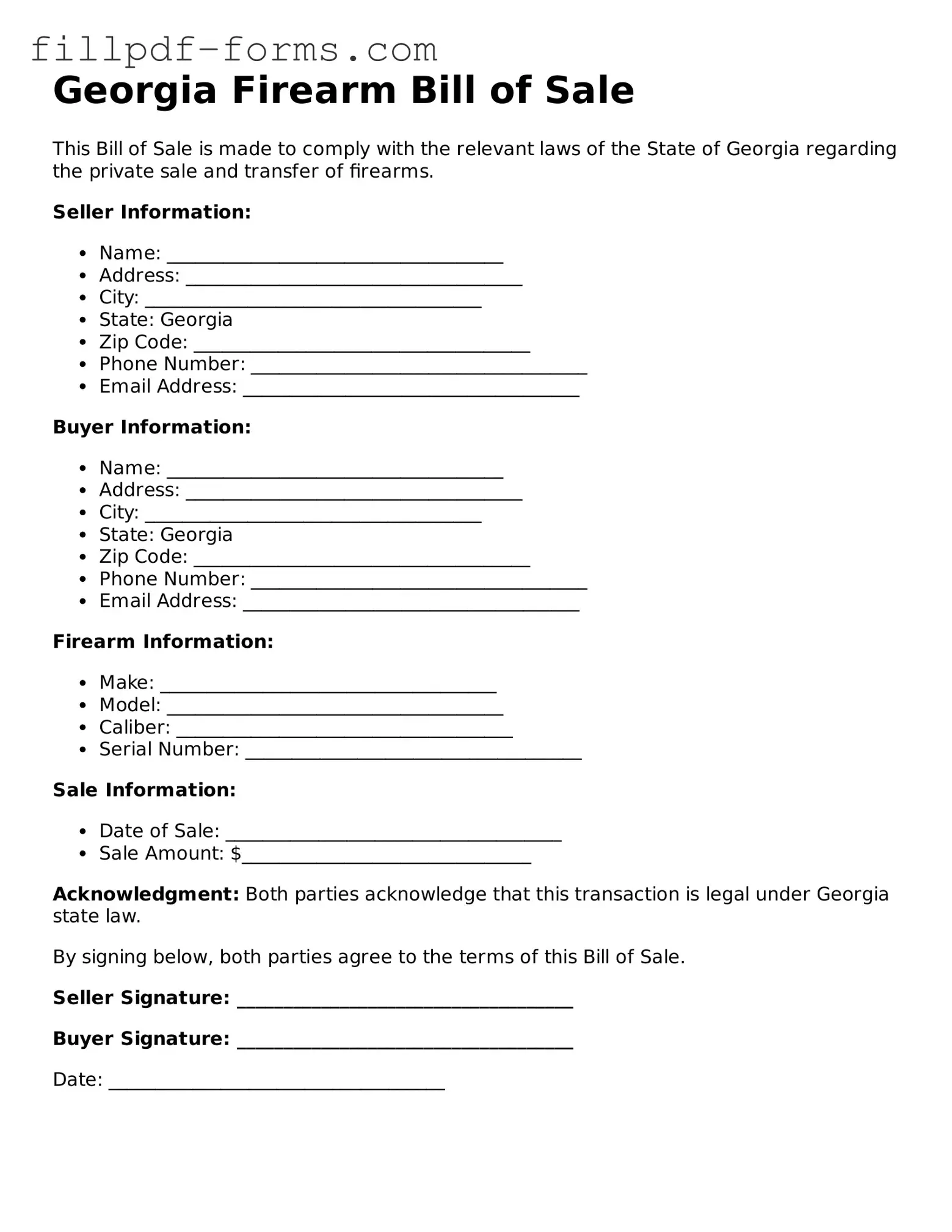 Fillable Firearm Bill of Sale Template for the State of Georgia