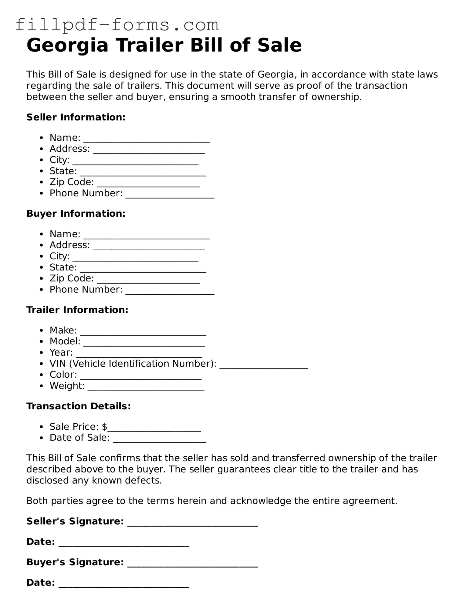 Fillable Trailer Bill of Sale Template for the State of Georgia