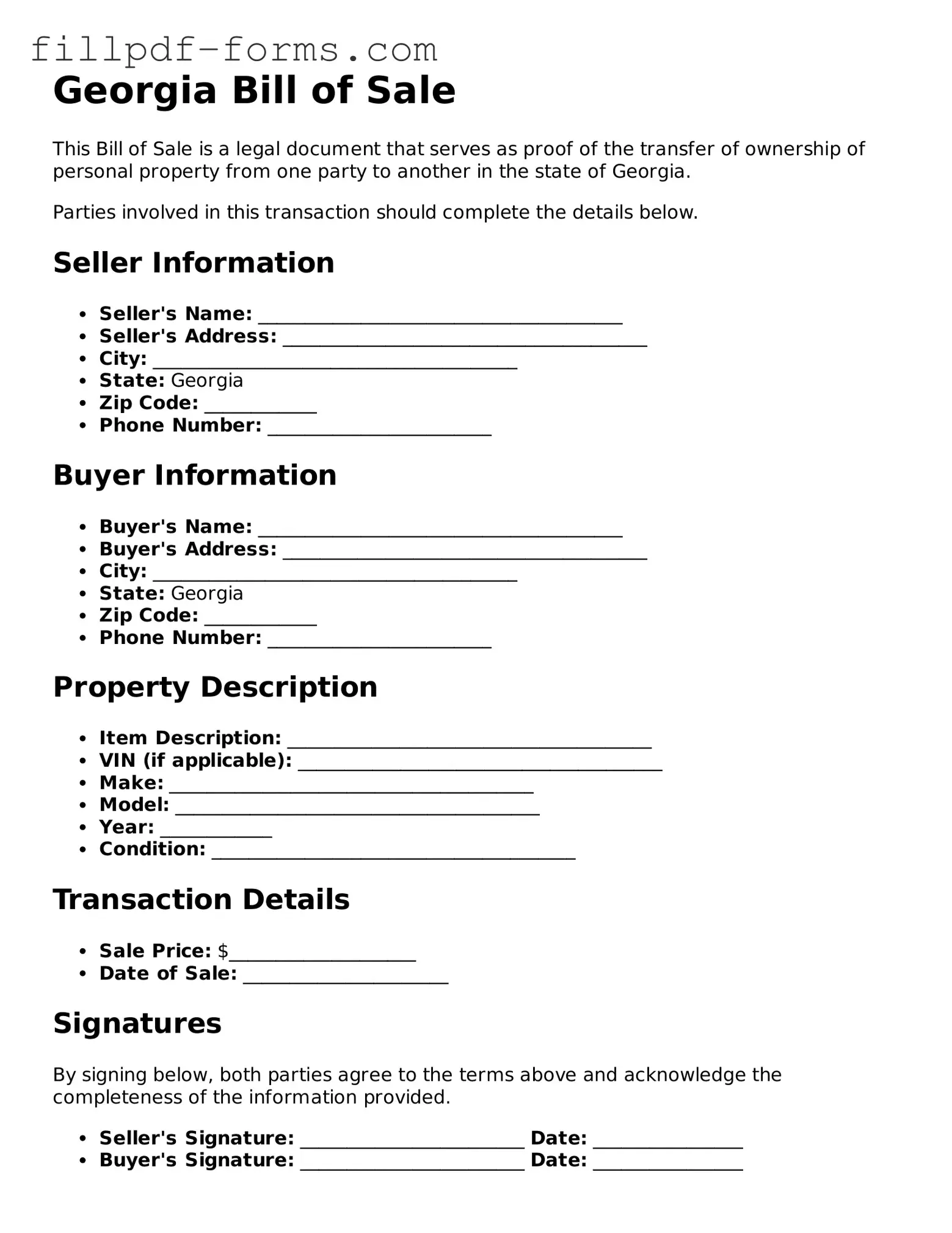 Fillable Bill of Sale Template for the State of Georgia