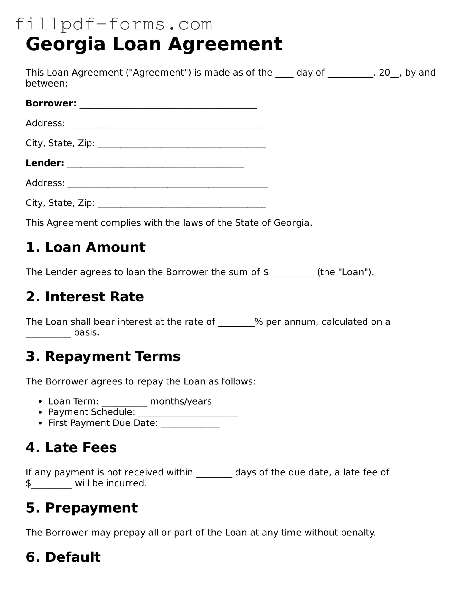 Fillable Loan Agreement Template for the State of Georgia