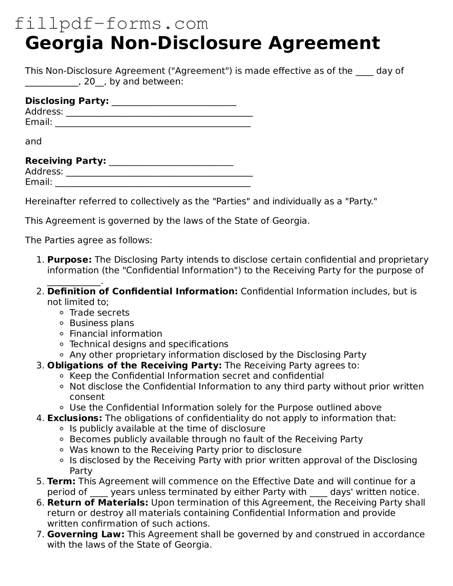Fillable Non-disclosure Agreement Template for the State of Georgia