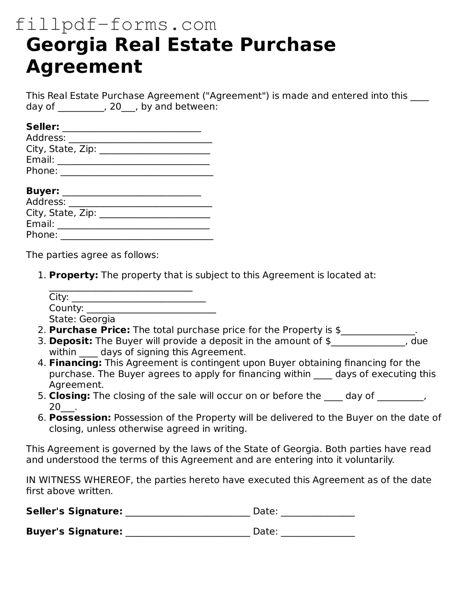 Fillable Real Estate Purchase Agreement Template for the State of Georgia