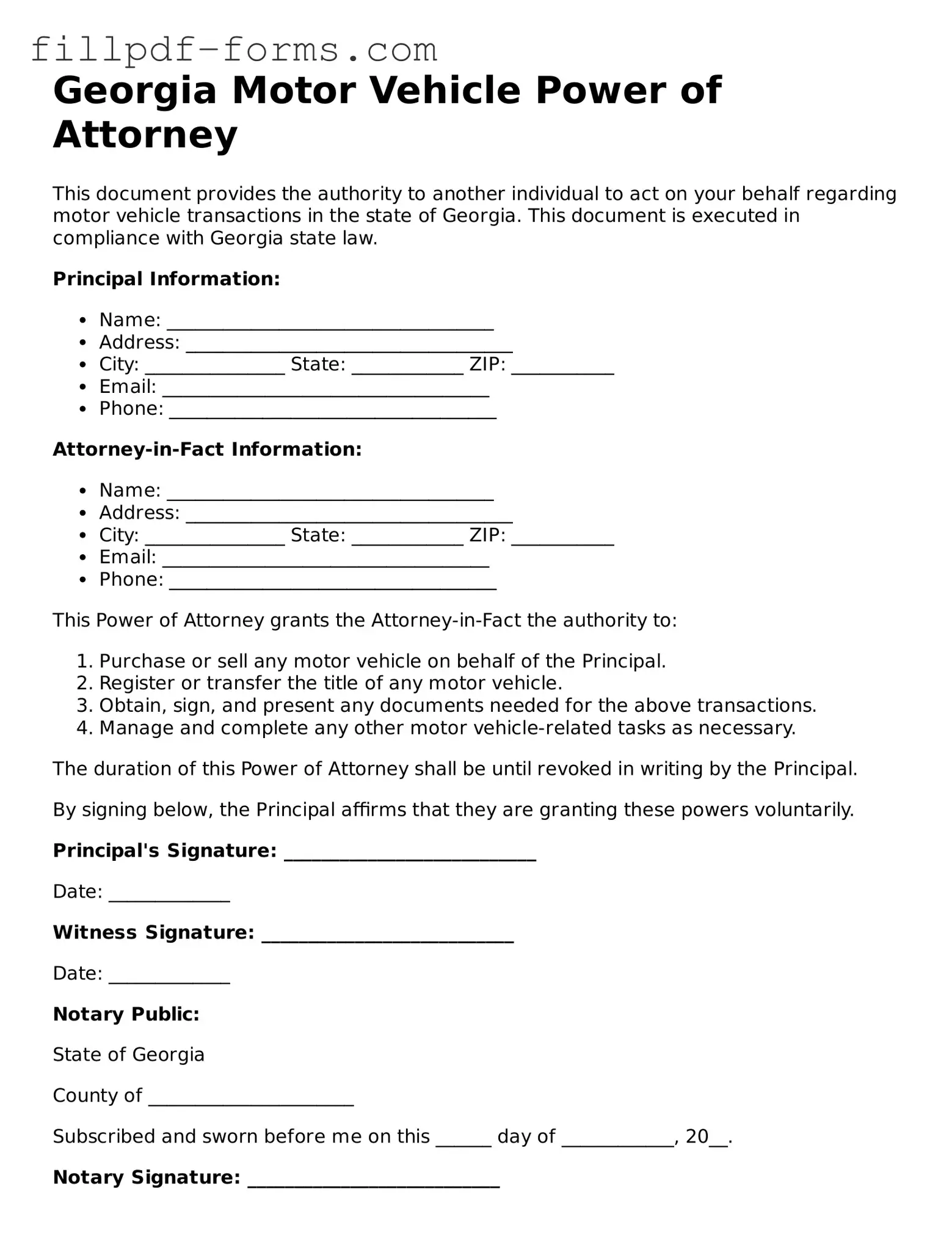 Fillable Motor Vehicle Power of Attorney Template for the State of Georgia