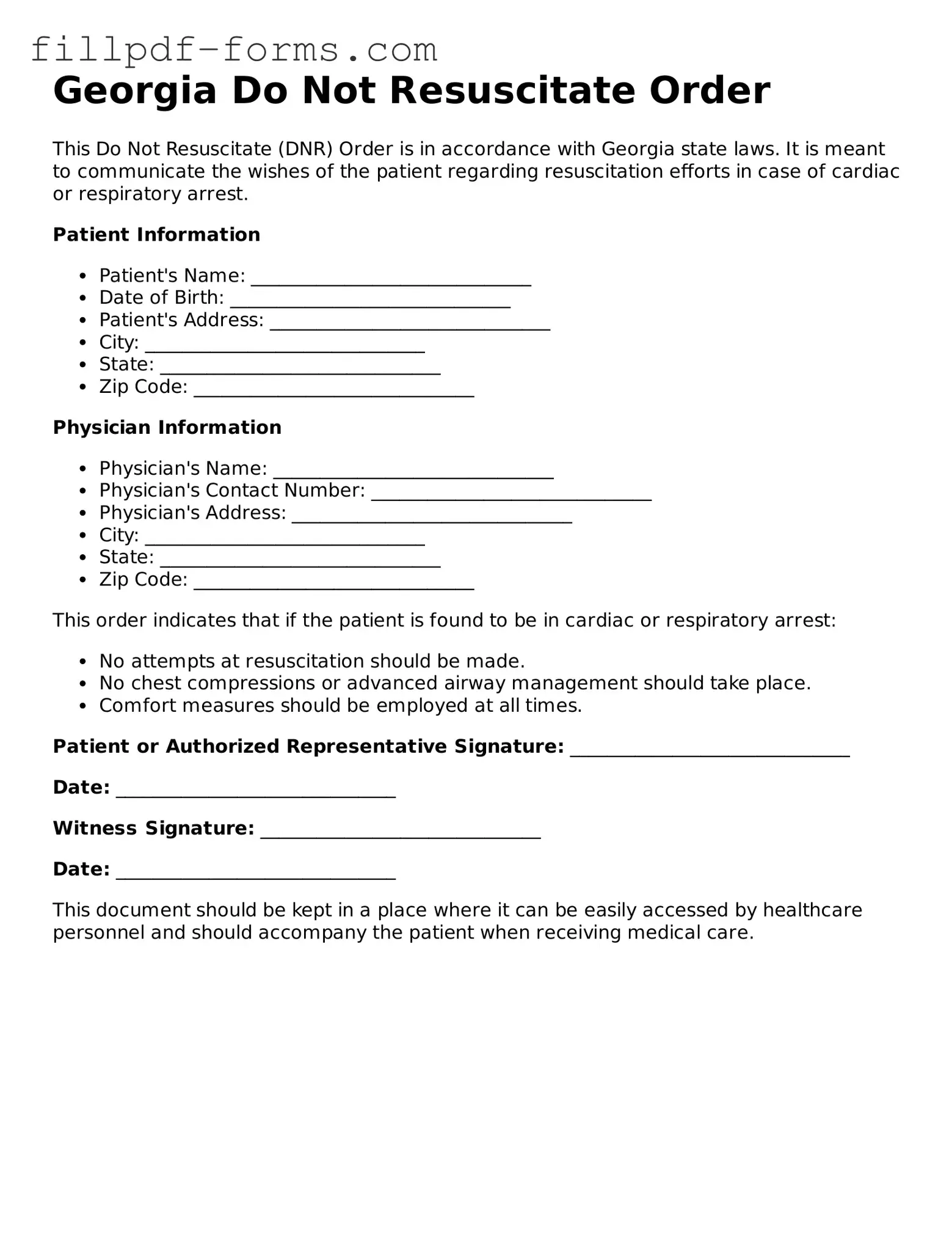 Fillable Do Not Resuscitate Order Template for the State of Georgia