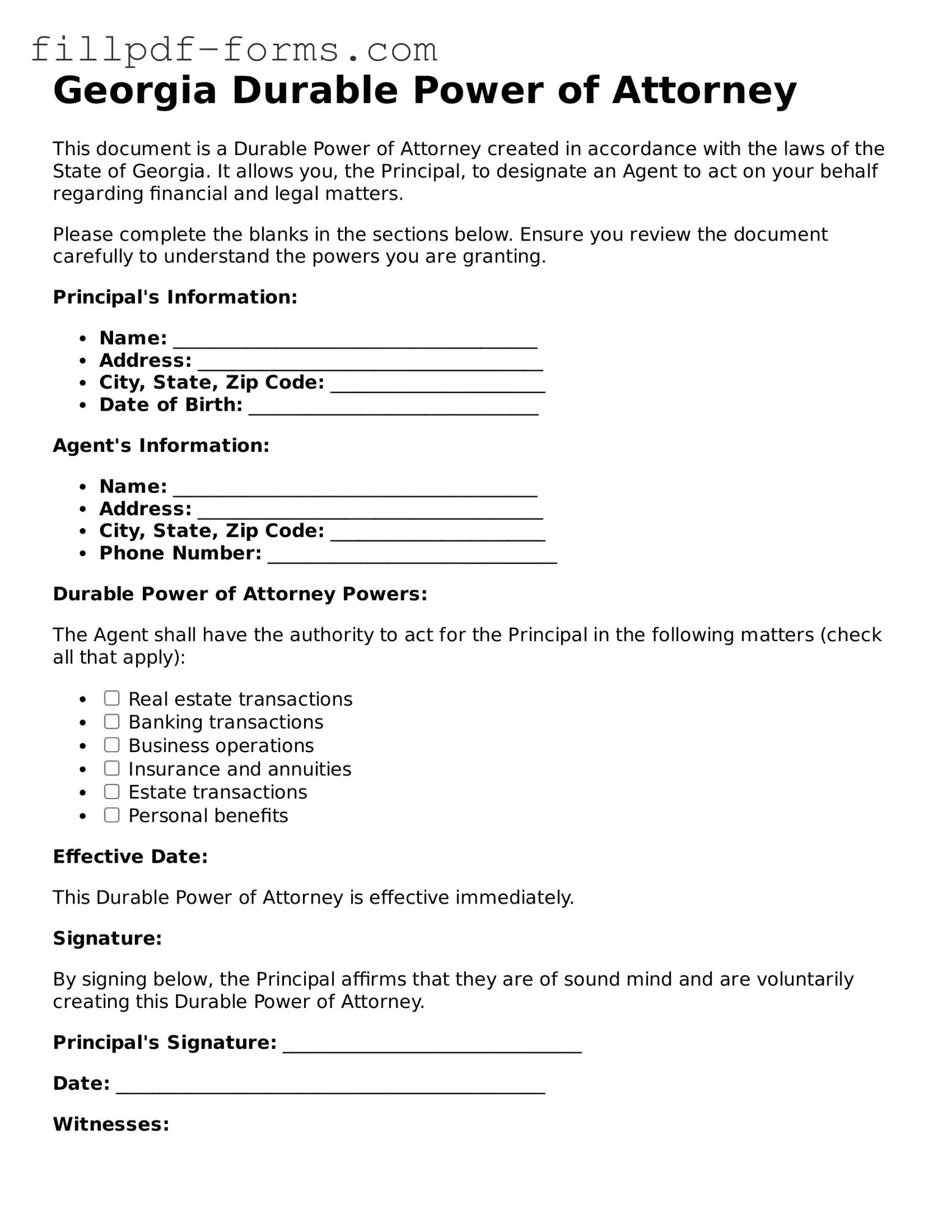 Fillable Durable Power of Attorney Template for the State of Georgia