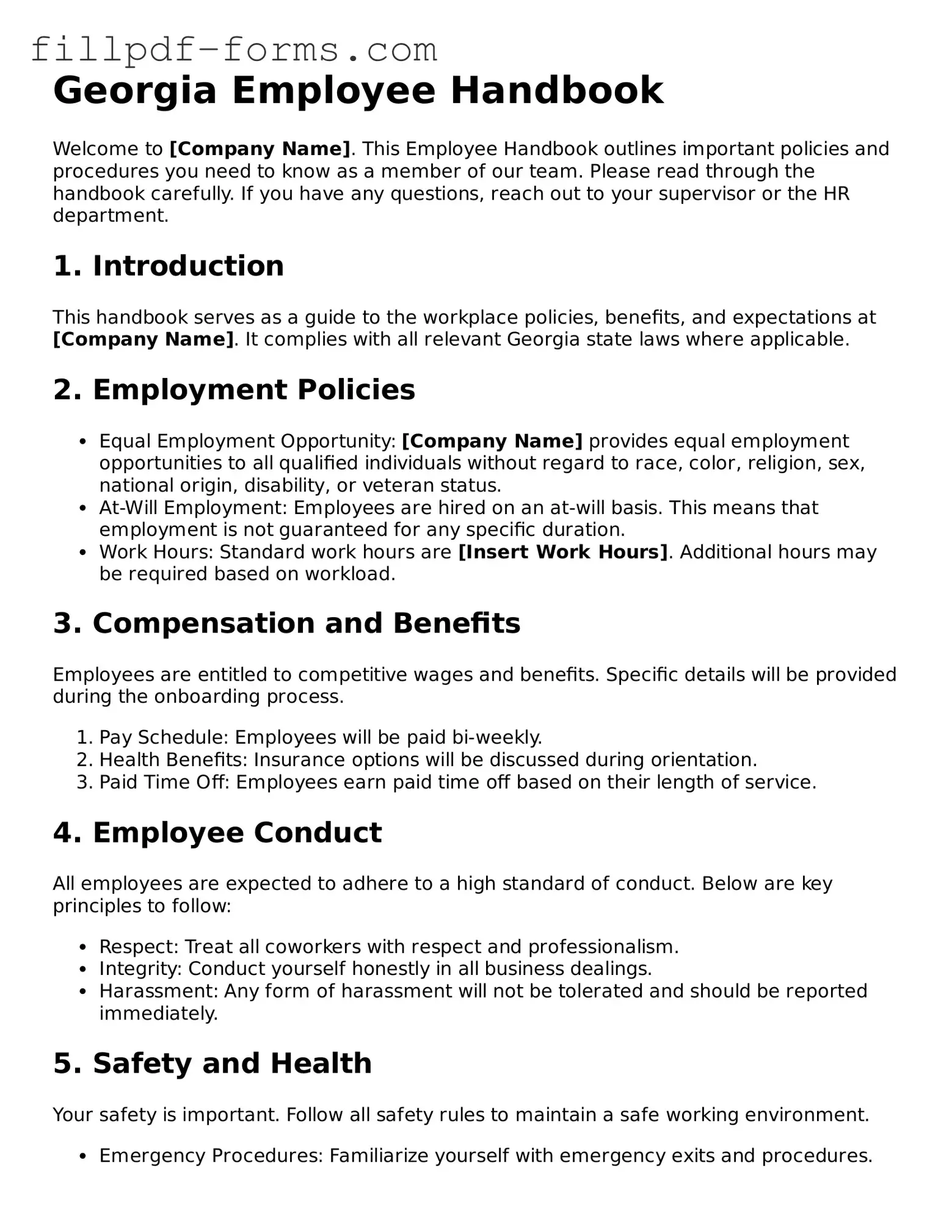 Fillable Employee Handbook Template for the State of Georgia