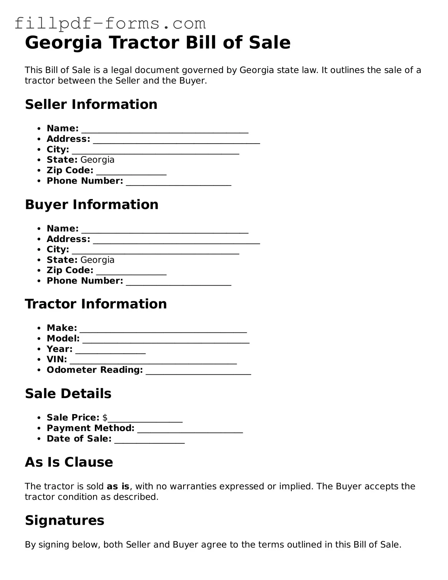 Fillable Tractor Bill of Sale Template for the State of Georgia