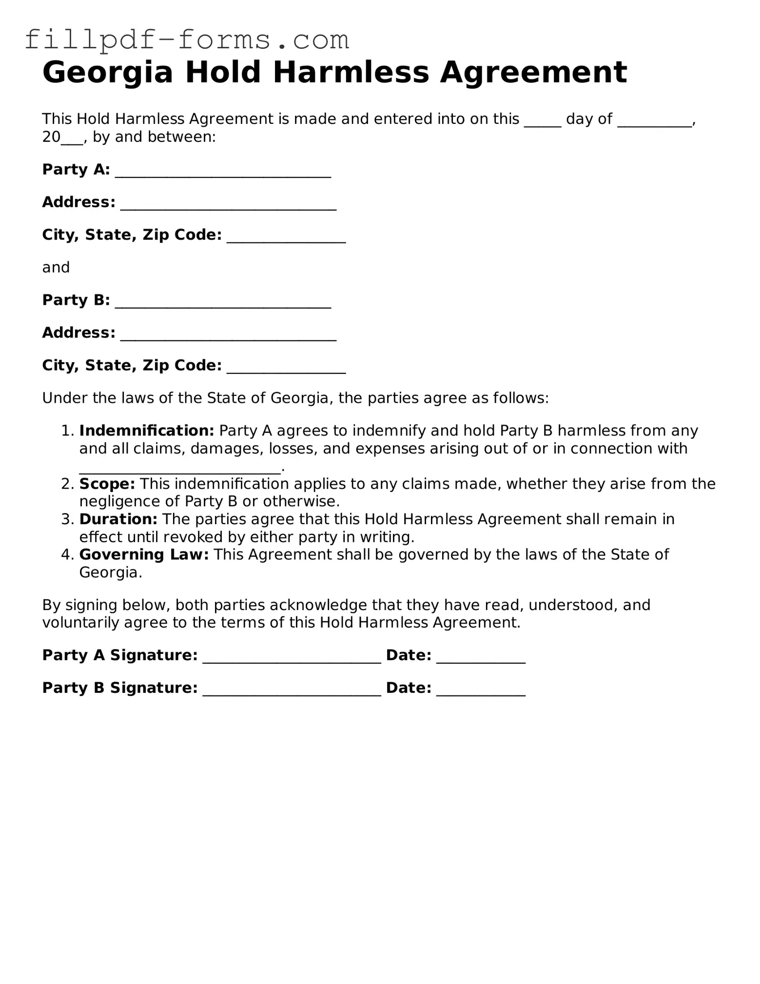 Fillable Hold Harmless Agreement Template for the State of Georgia