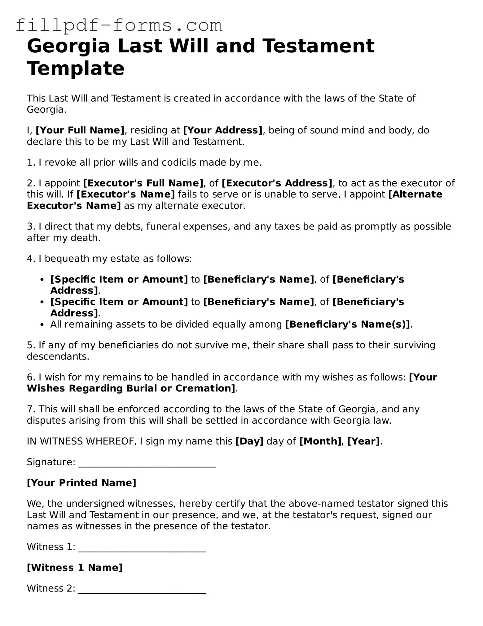 Fillable Last Will and Testament Template for the State of Georgia