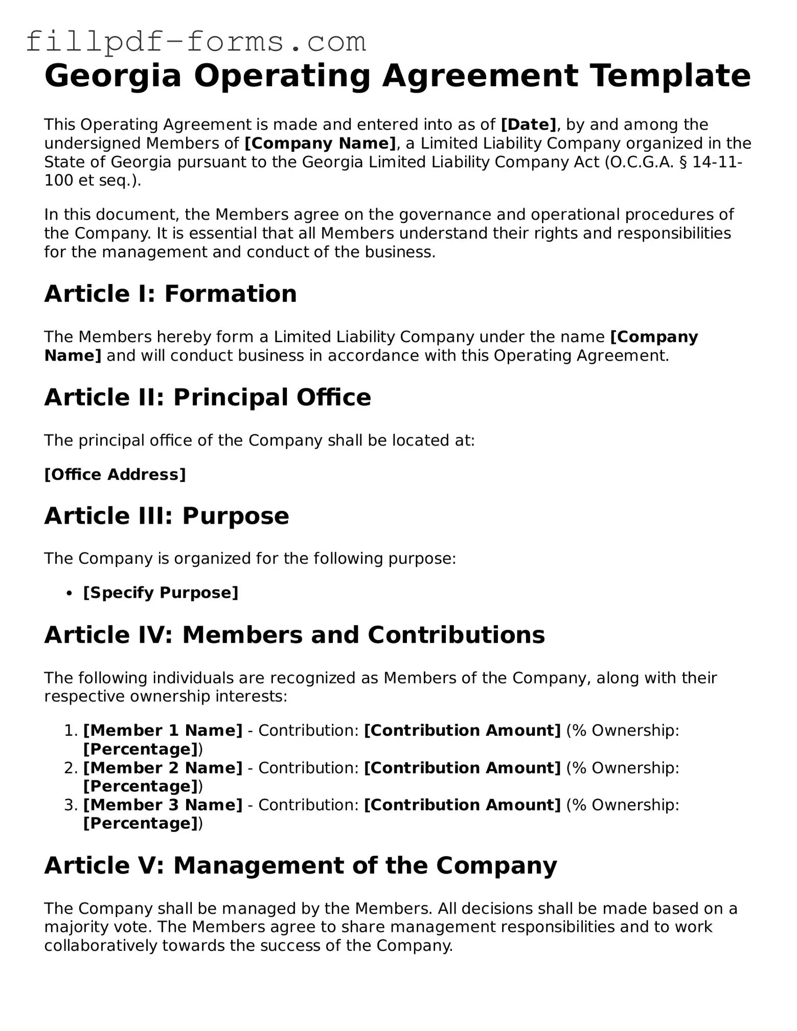 Fillable Operating Agreement Template for the State of Georgia