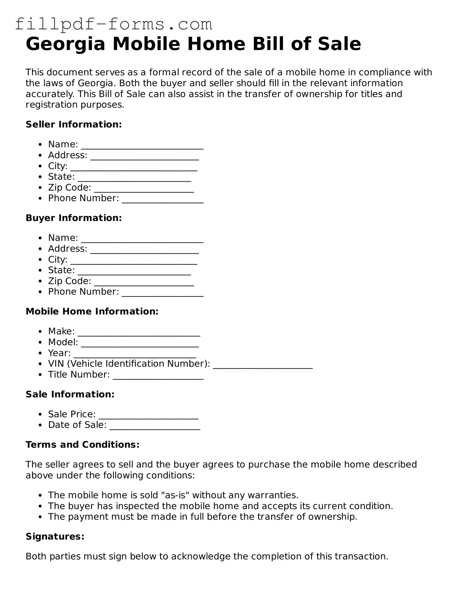 Fillable Mobile Home Bill of Sale Template for the State of Georgia