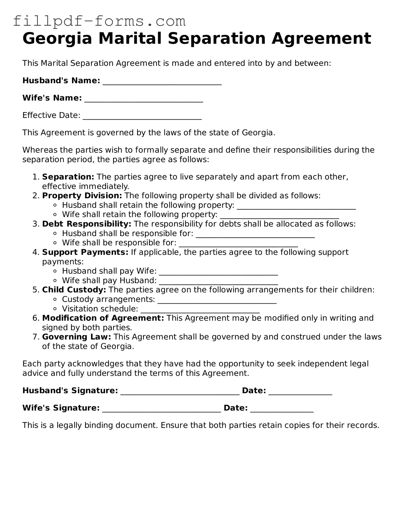 Fillable Marital Separation Agreement Template for the State of Georgia