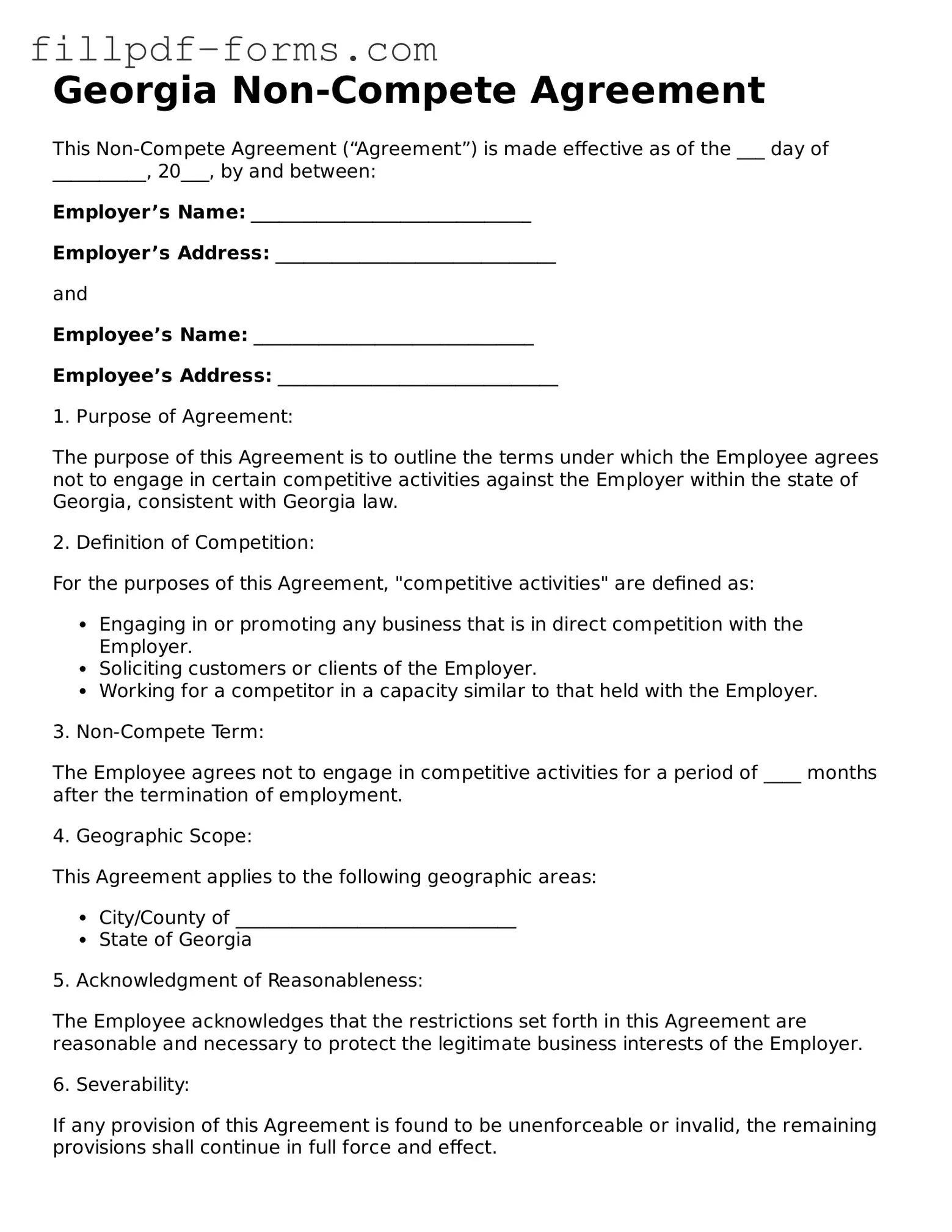 Fillable Non-compete Agreement Template for the State of Georgia