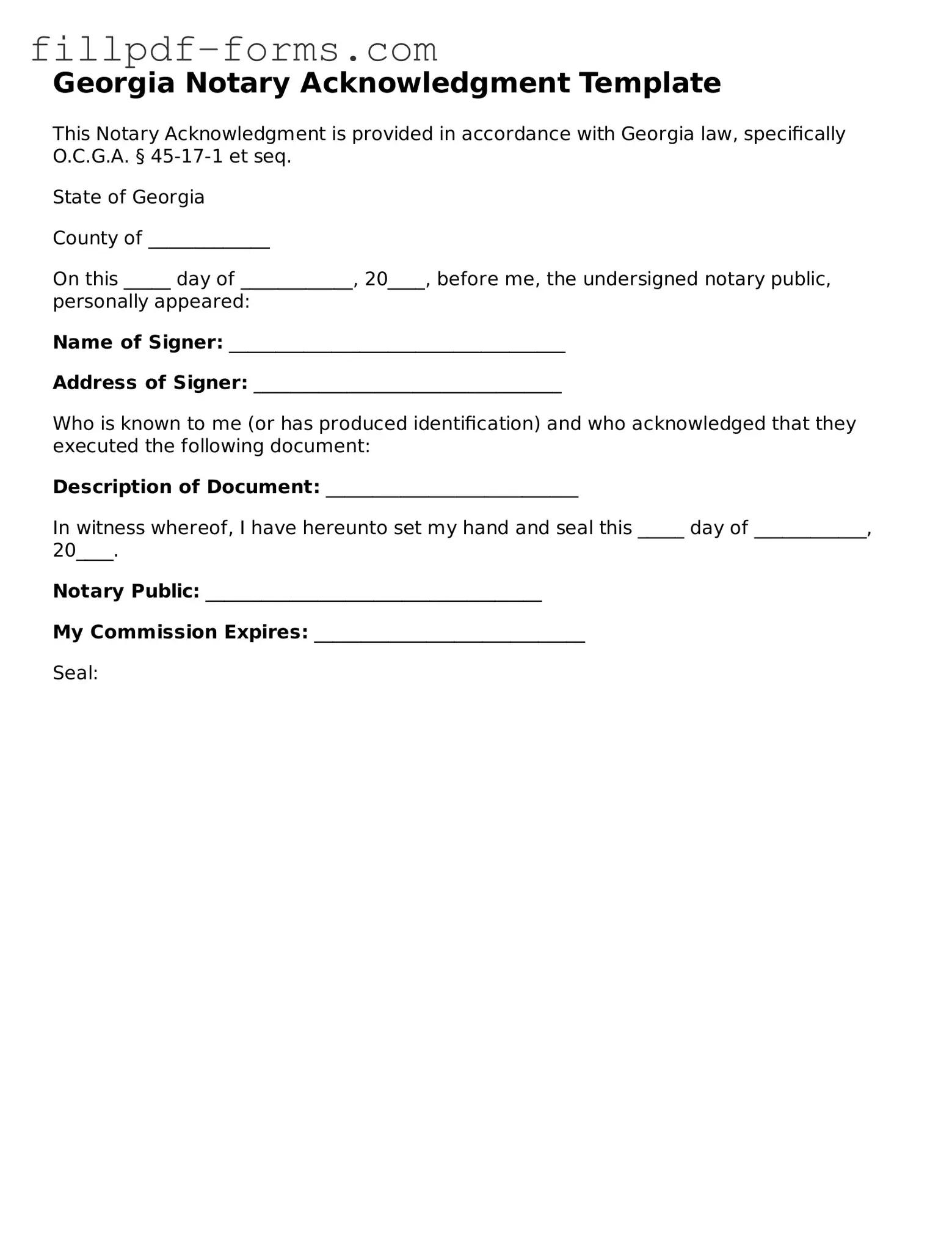Fillable Notary Acknowledgement Template for the State of Georgia