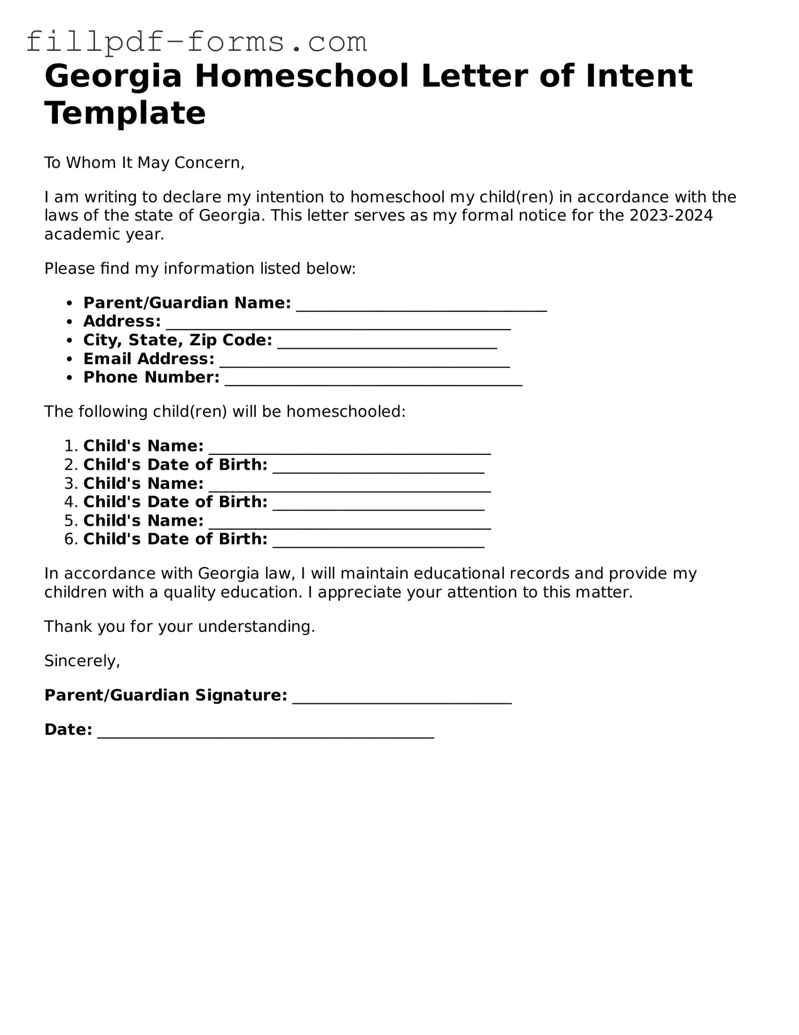 Fillable Homeschool Letter of Intent Template for the State of Georgia