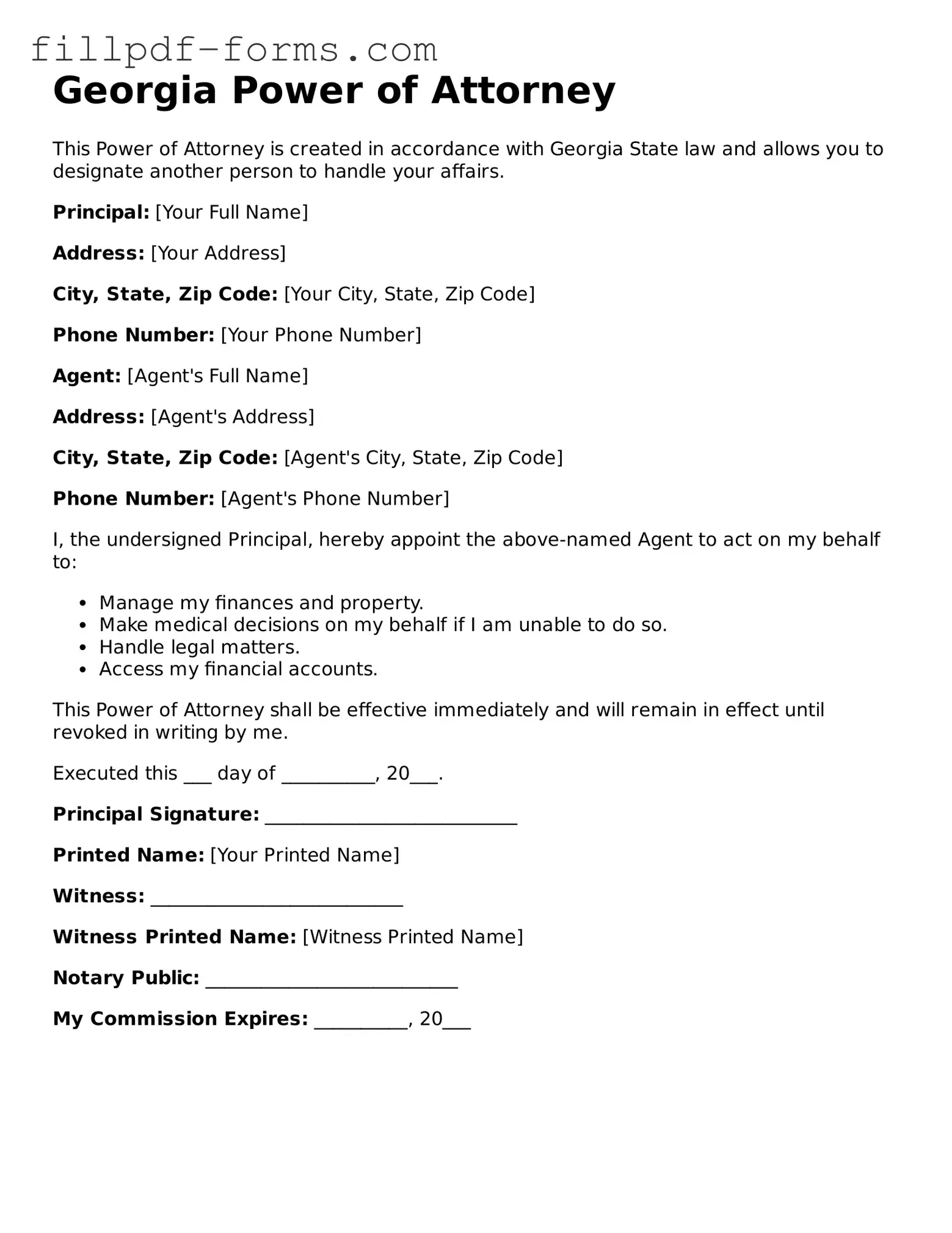 Fillable Power of Attorney Template for the State of Georgia
