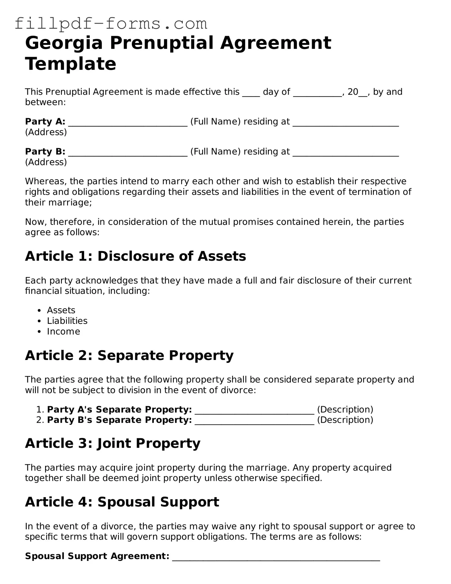 Fillable Prenuptial Agreement Template for the State of Georgia
