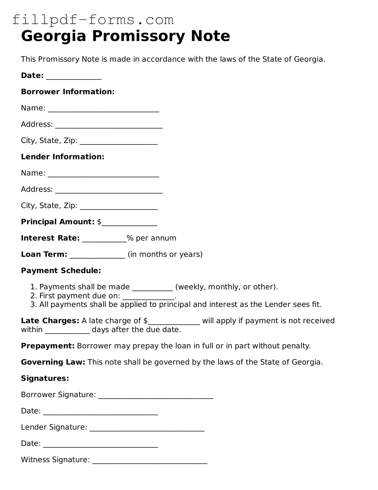 Fillable Promissory Note Template for the State of Georgia