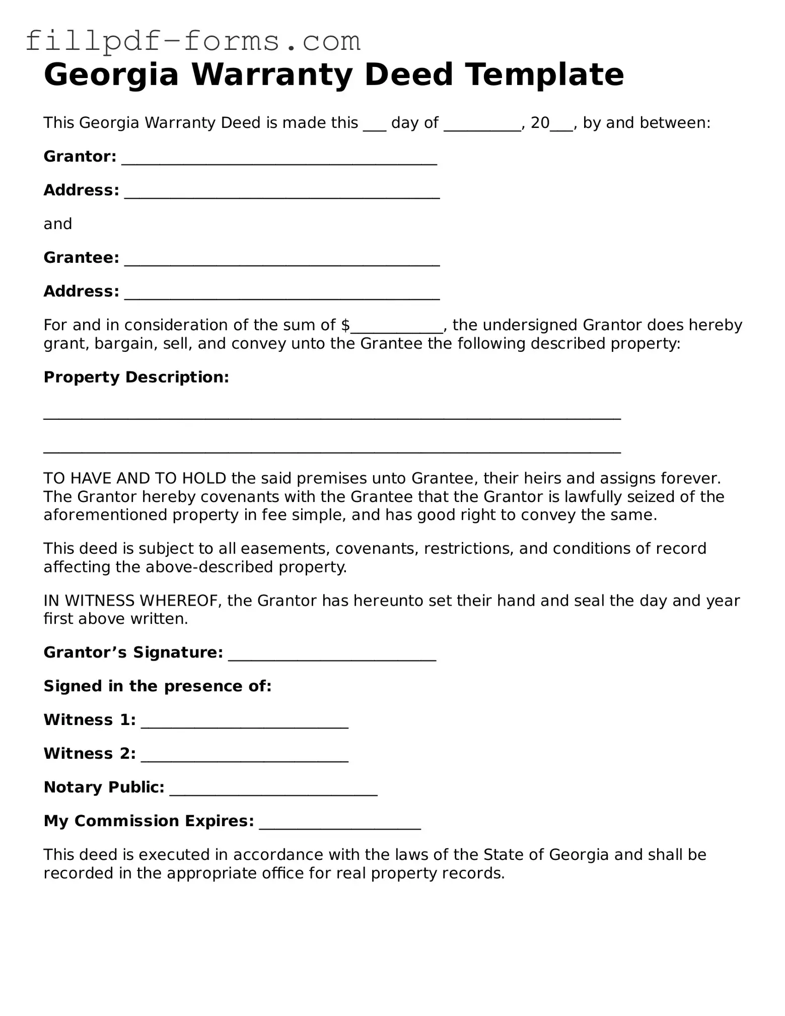 Fillable Deed Template for the State of Georgia