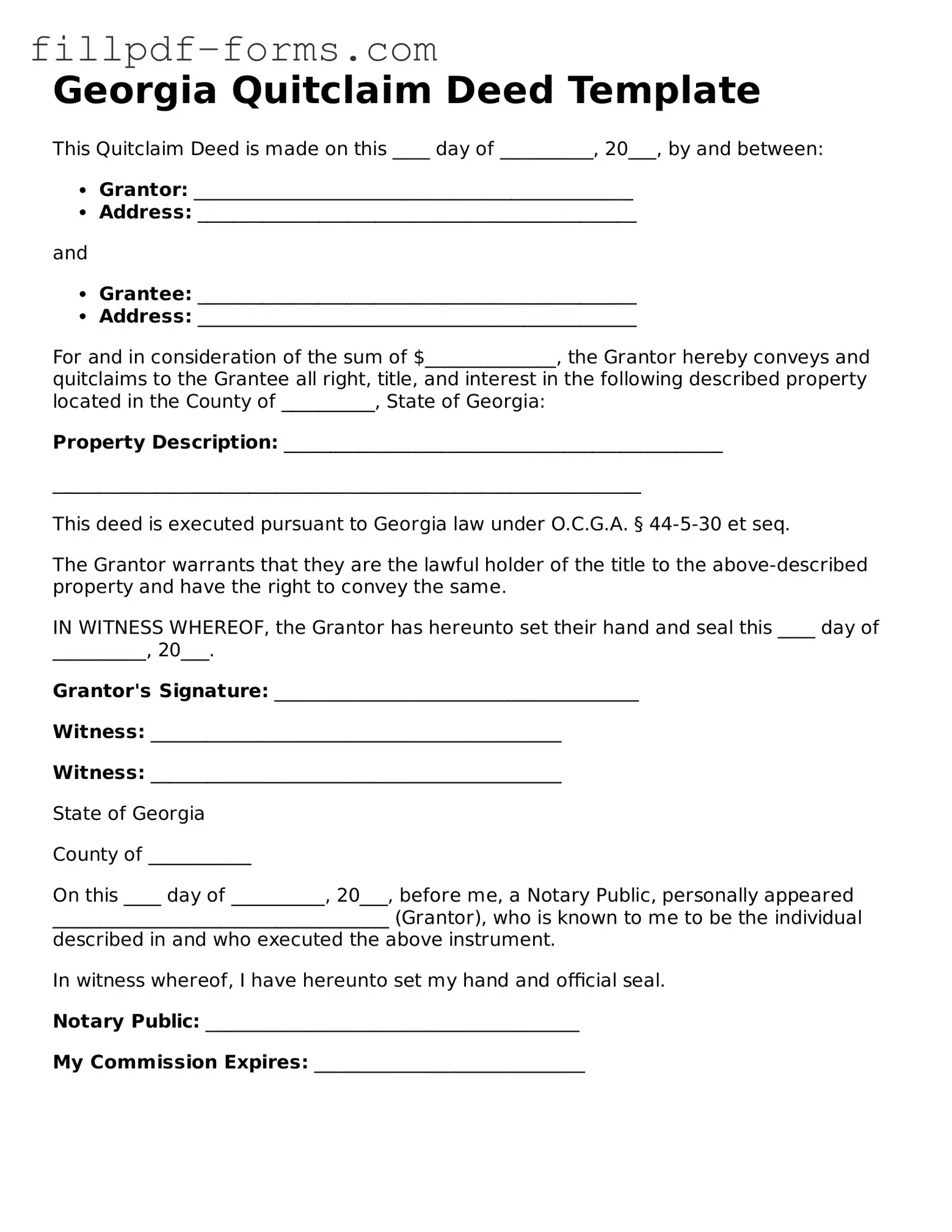 Fillable Quitclaim Deed Template for the State of Georgia