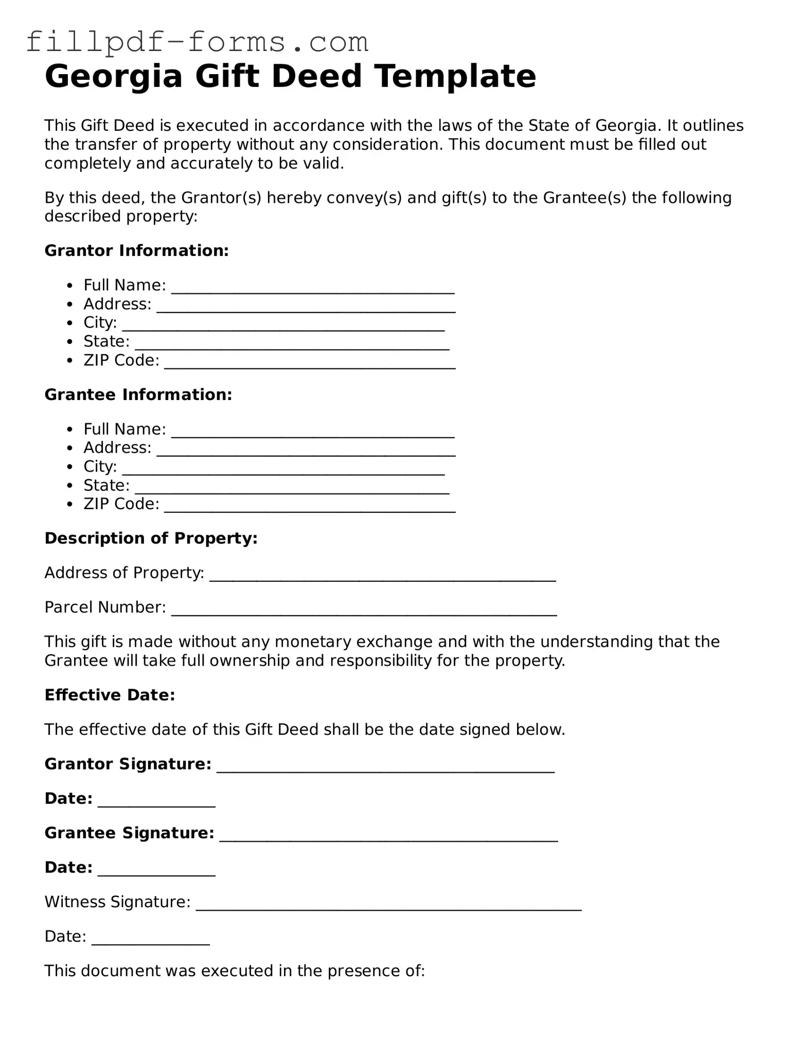 Fillable Gift Deed Template for the State of Georgia