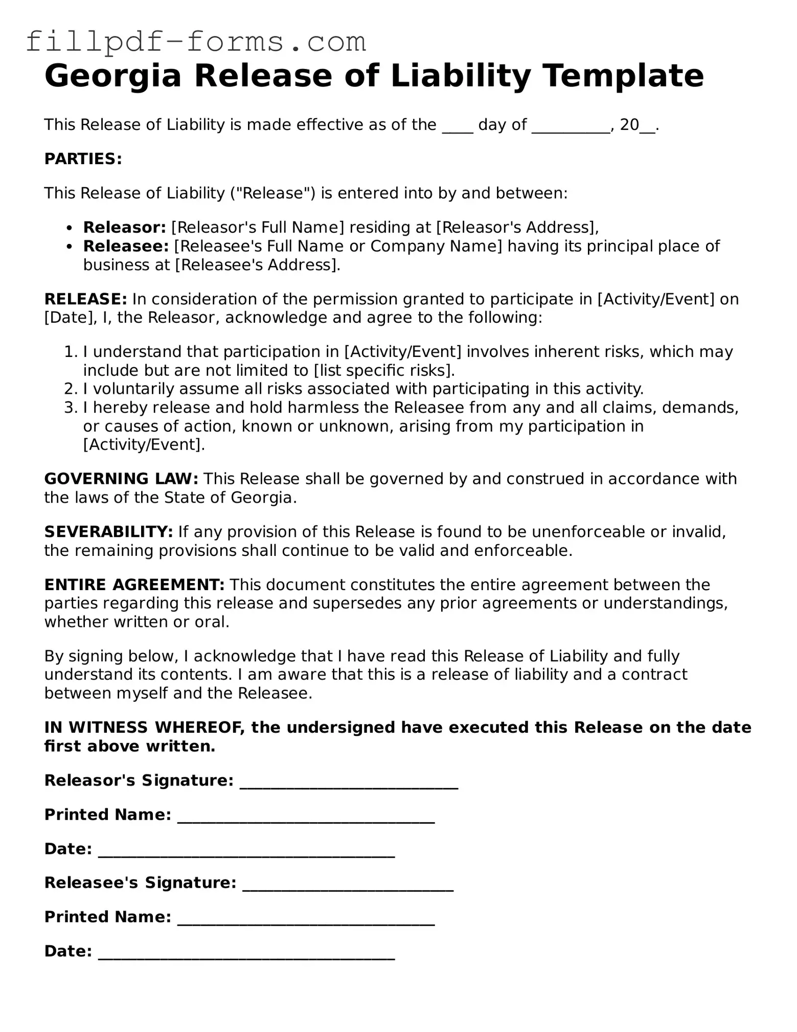 Fillable Release of Liability Template for the State of Georgia