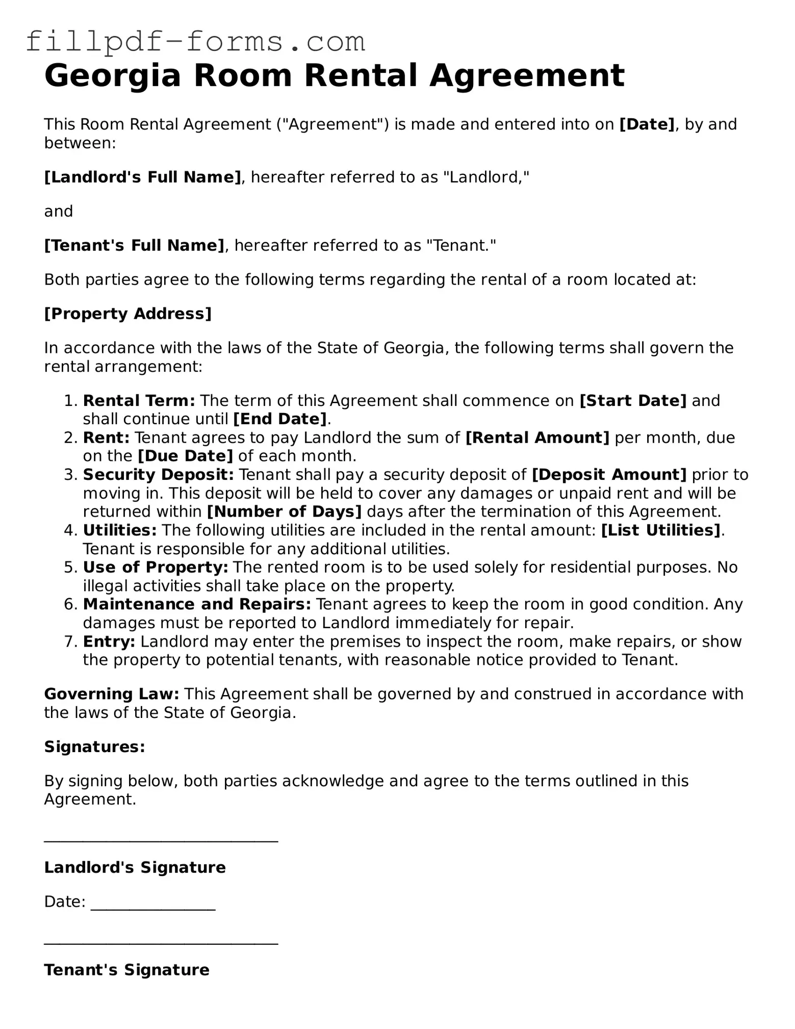 Fillable Room Rental Agreement Template for the State of Georgia