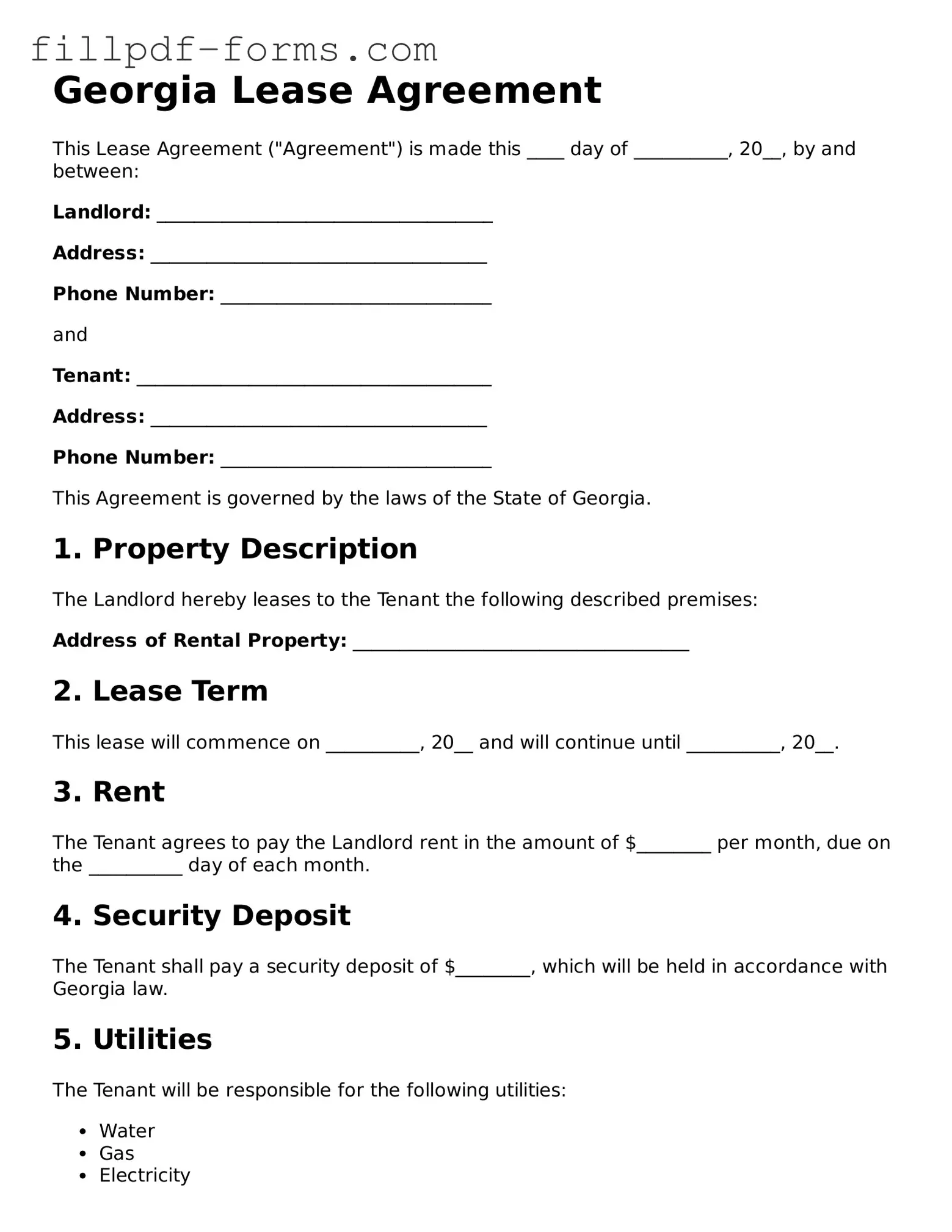 Fillable Lease Agreement Template for the State of Georgia