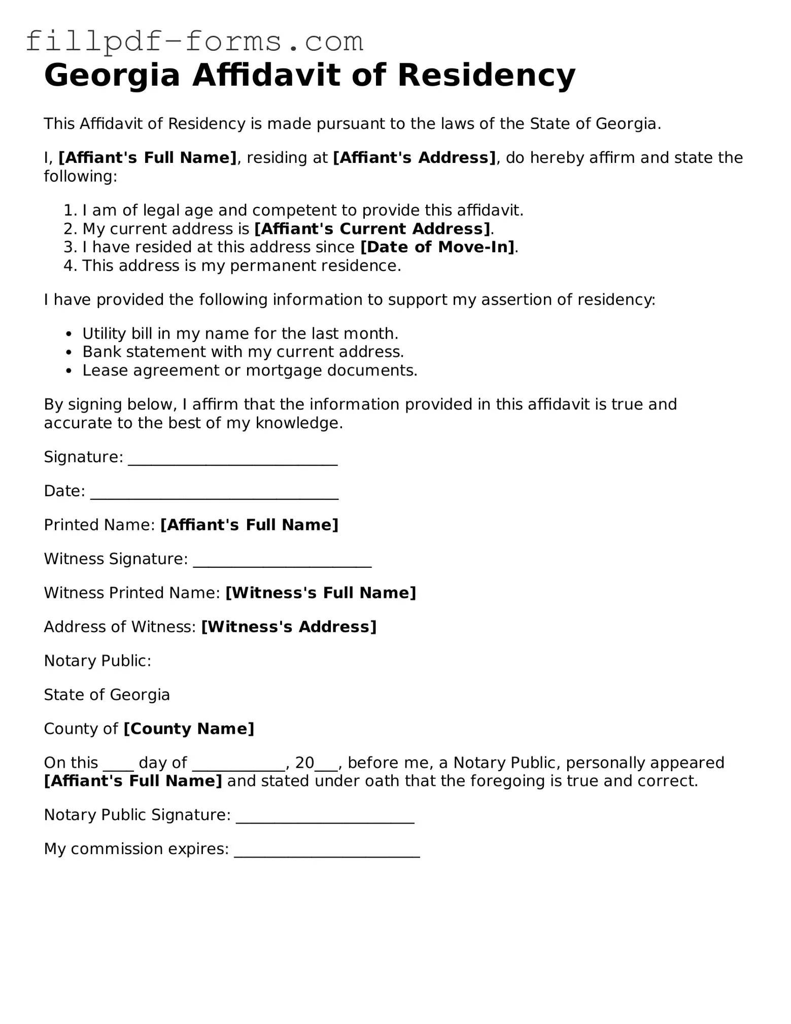 Fillable Affidavit of Residency Template for the State of Georgia
