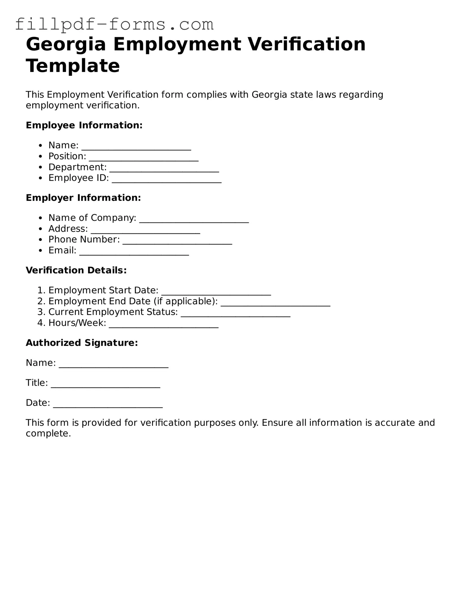 Fillable Employment Verification Template for the State of Georgia
