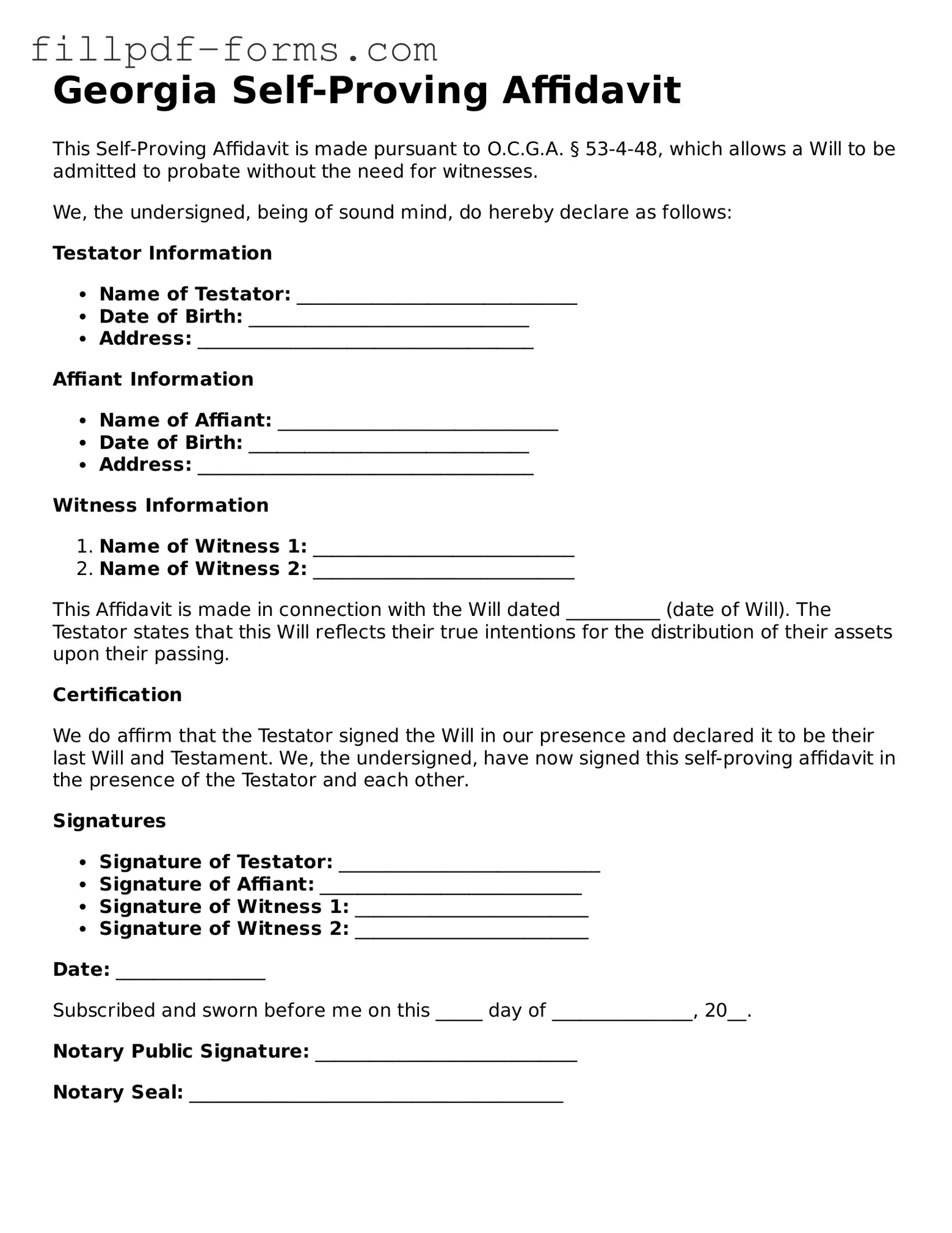 Fillable Self-Proving Affidavit Template for the State of Georgia