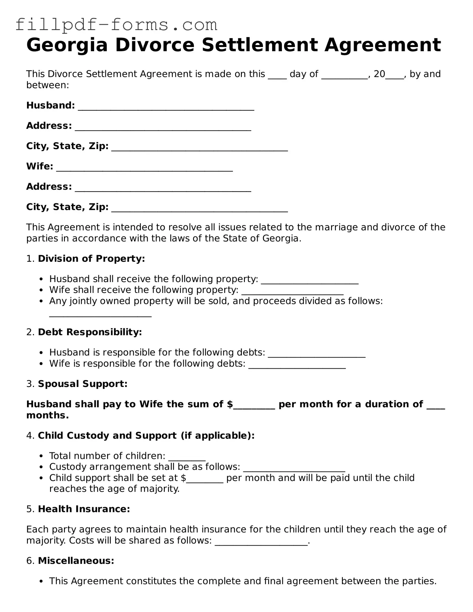 Fillable Divorce Settlement Agreement Template for the State of Georgia