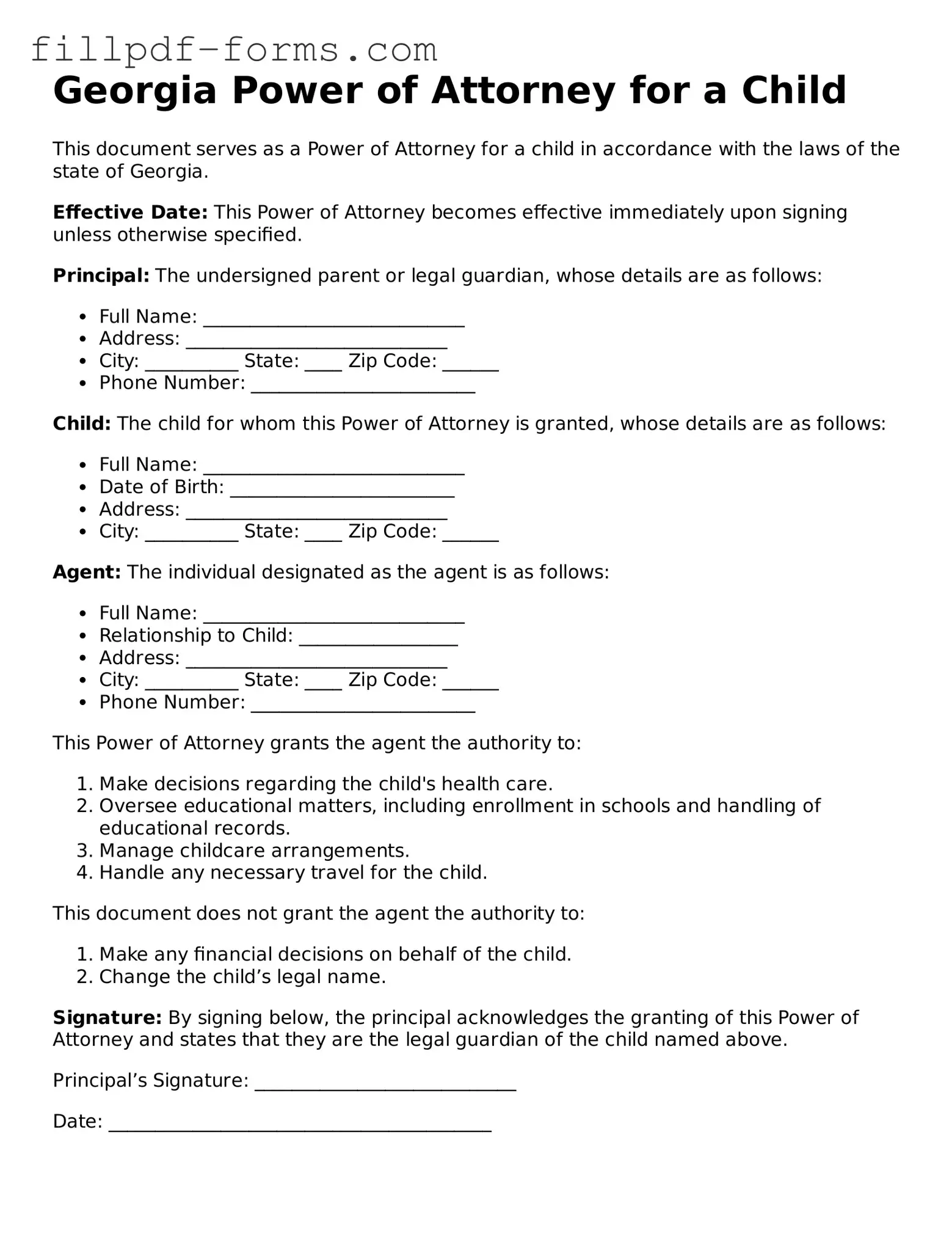 Fillable Power of Attorney for a Child Template for the State of Georgia