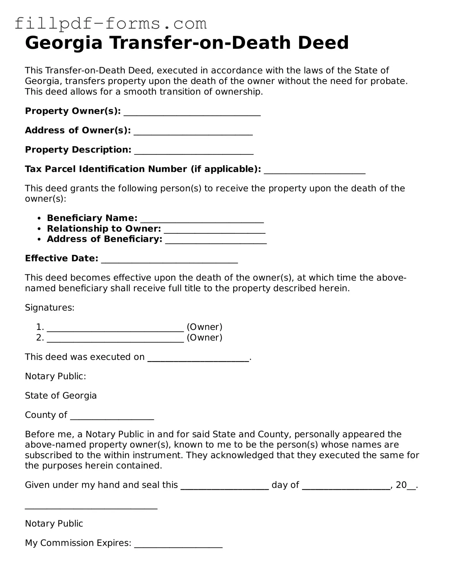 Fillable Transfer-on-Death Deed Template for the State of Georgia