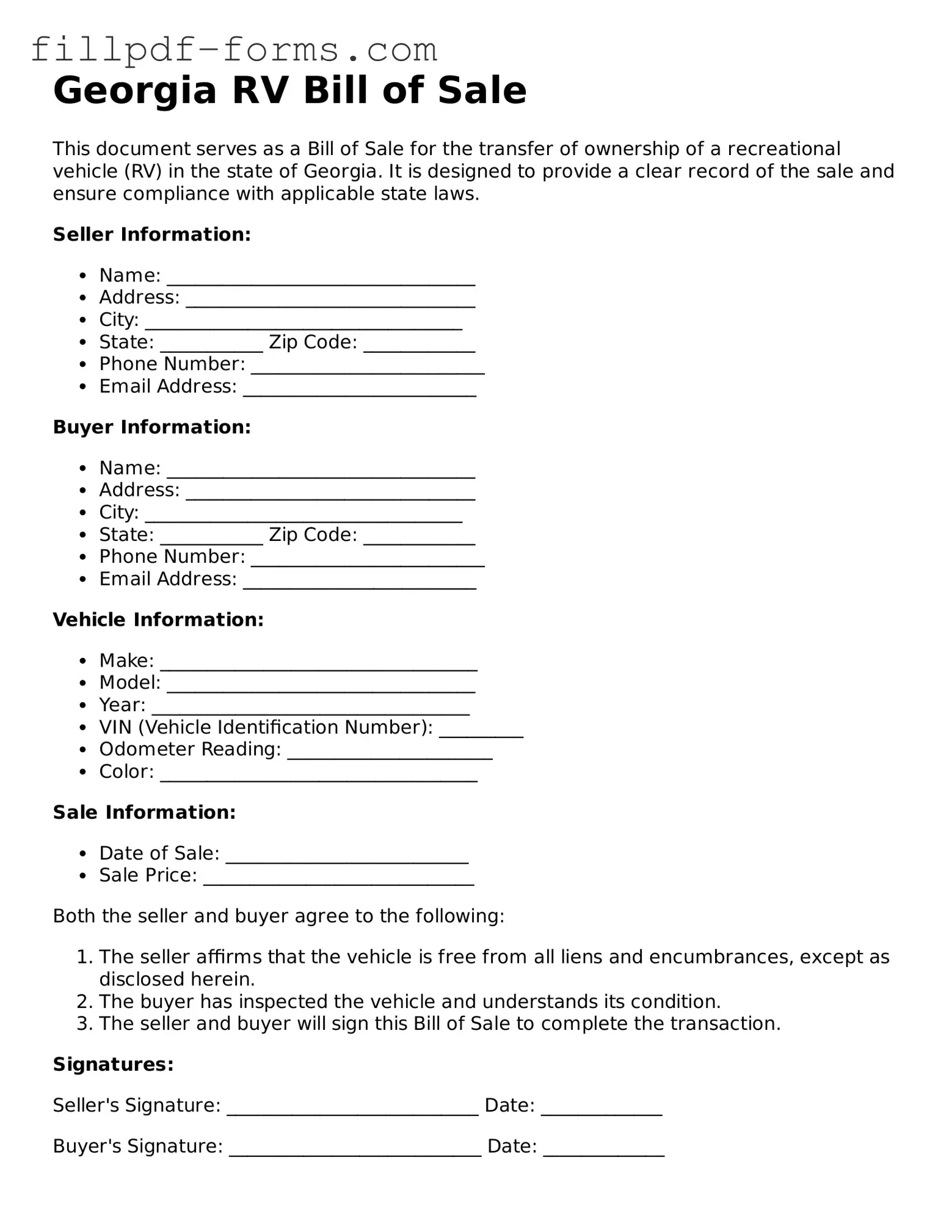 Fillable RV Bill of Sale Template for the State of Georgia