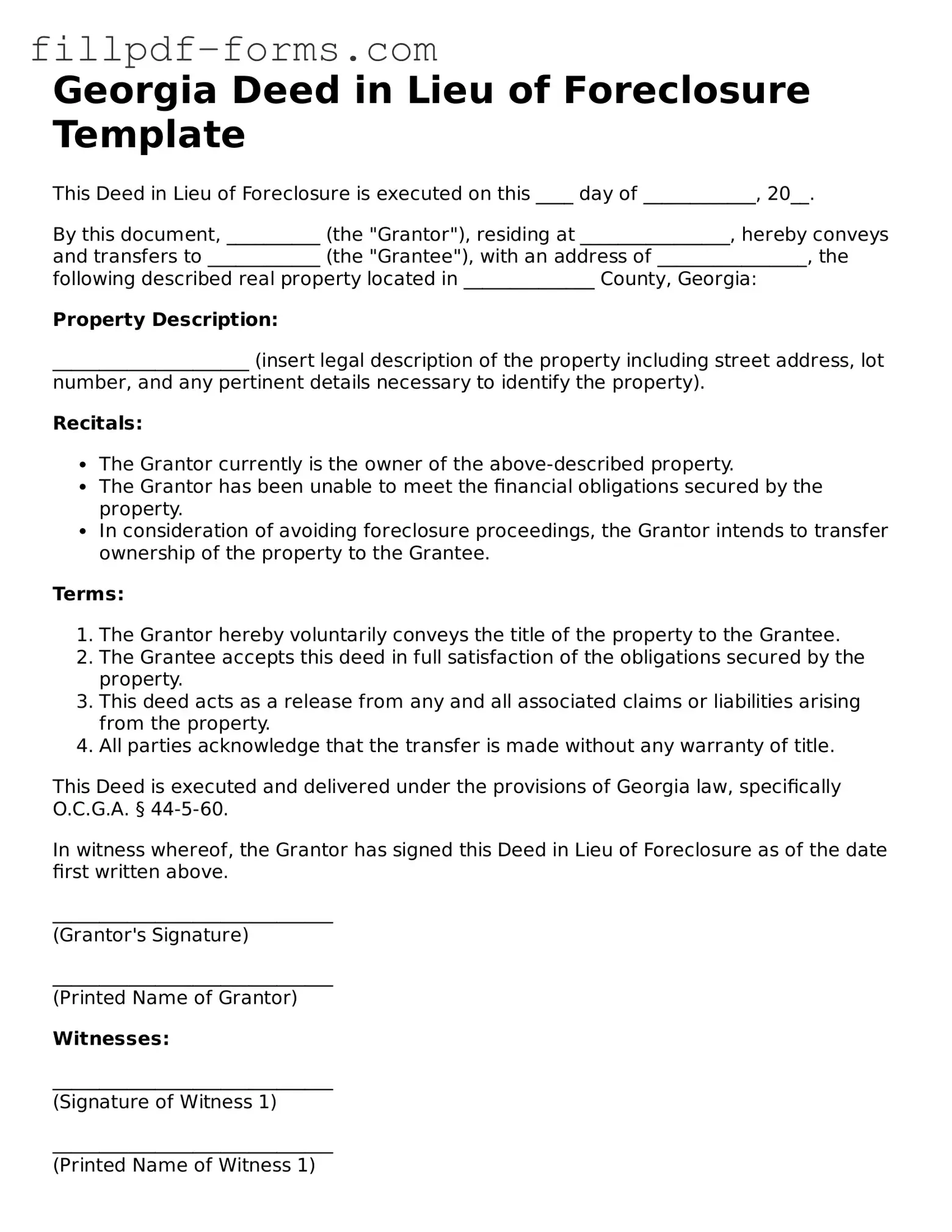 Fillable Deed in Lieu of Foreclosure Template for the State of Georgia