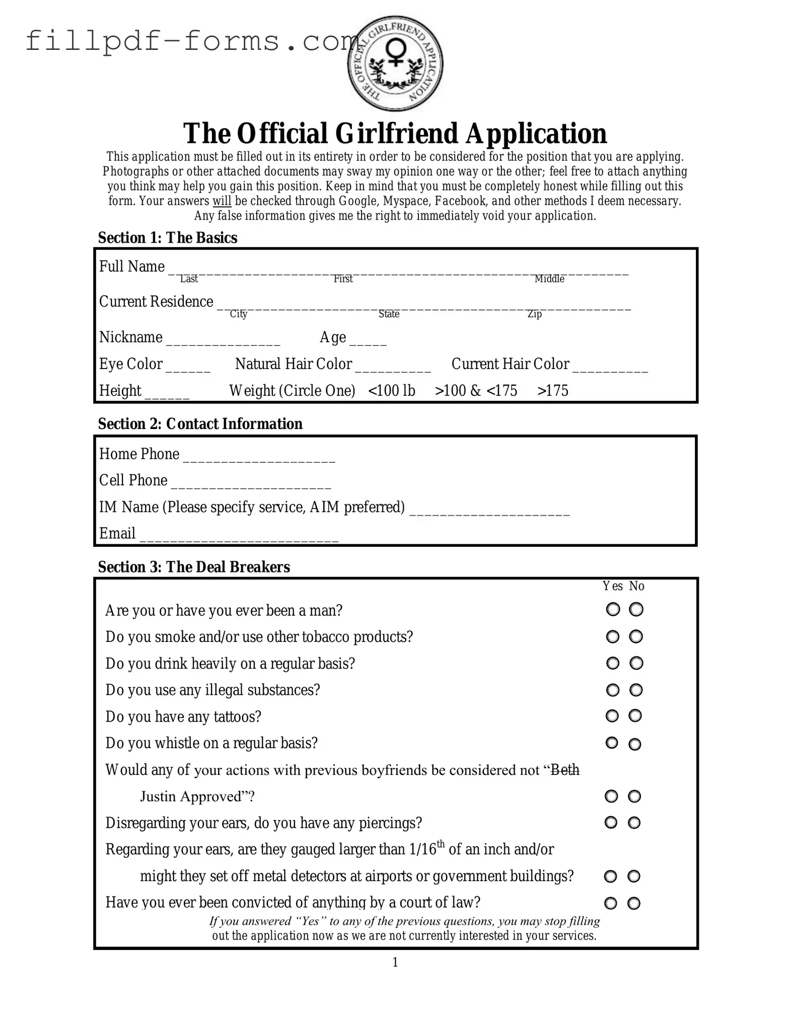 Girlfriend Application PDF Form
