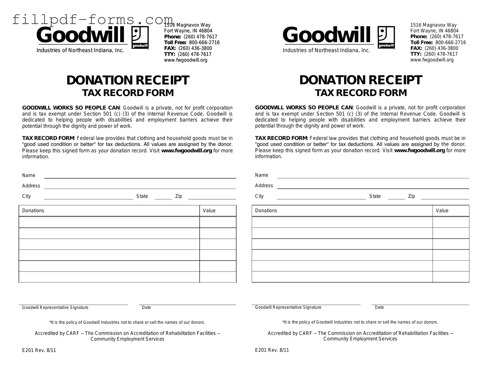 Goodwill donation receipt PDF Form