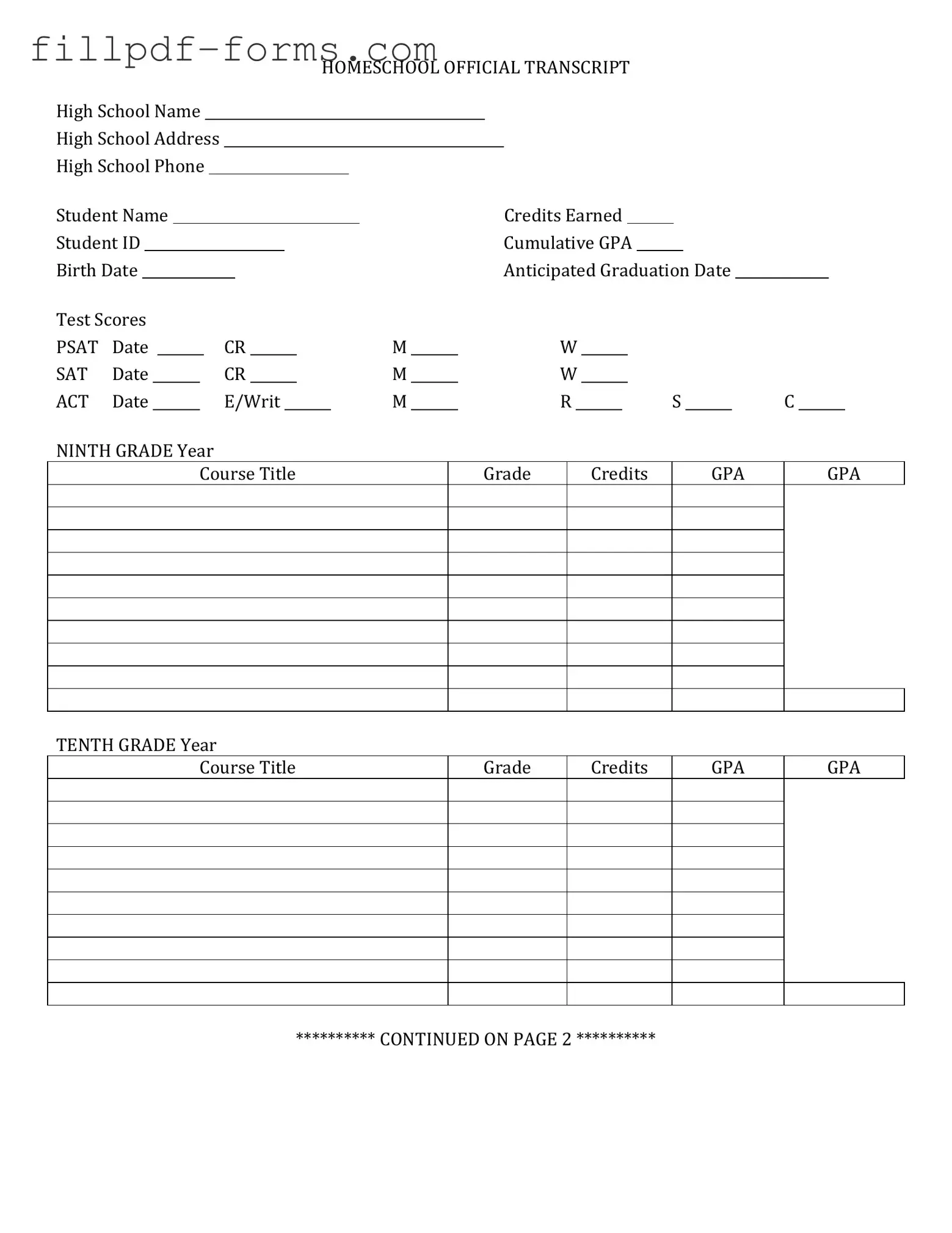 High School Transcript PDF Form