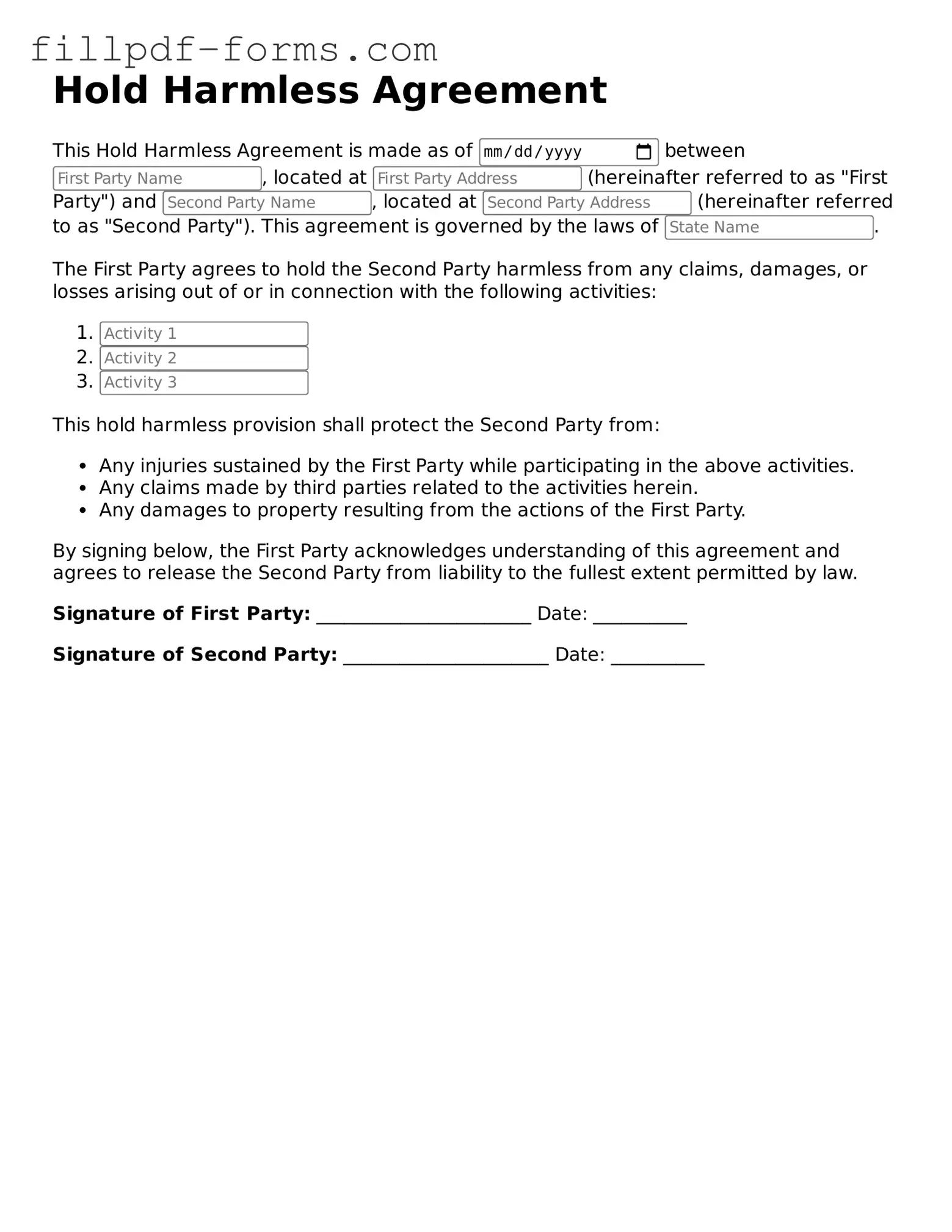 Fillable Hold Harmless Agreement Template